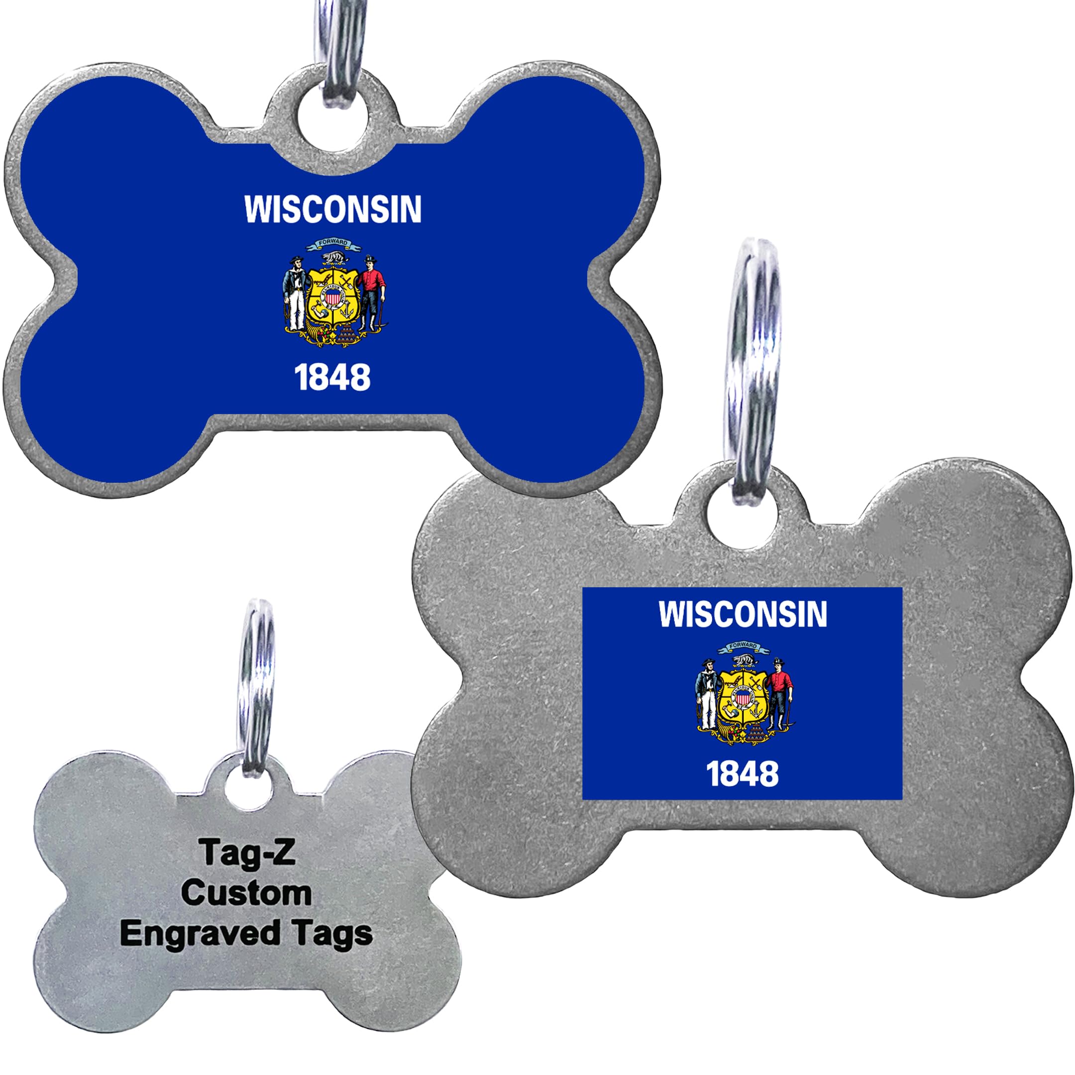 Wisconsin Flag Pet Id Tags, Custom Printed And Laser Engraved Bone