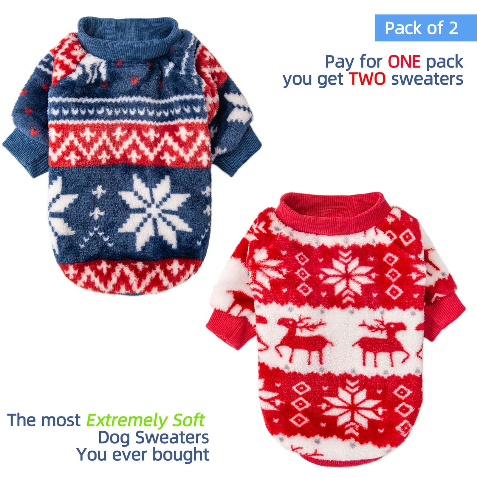 Fabricastle Christmas Dog Sweater, 2-Pack Dog Clothes Xxs Xs, Ultra Soft And Warm Pet Jackets For Small Dogs & Cats, Winter Pet