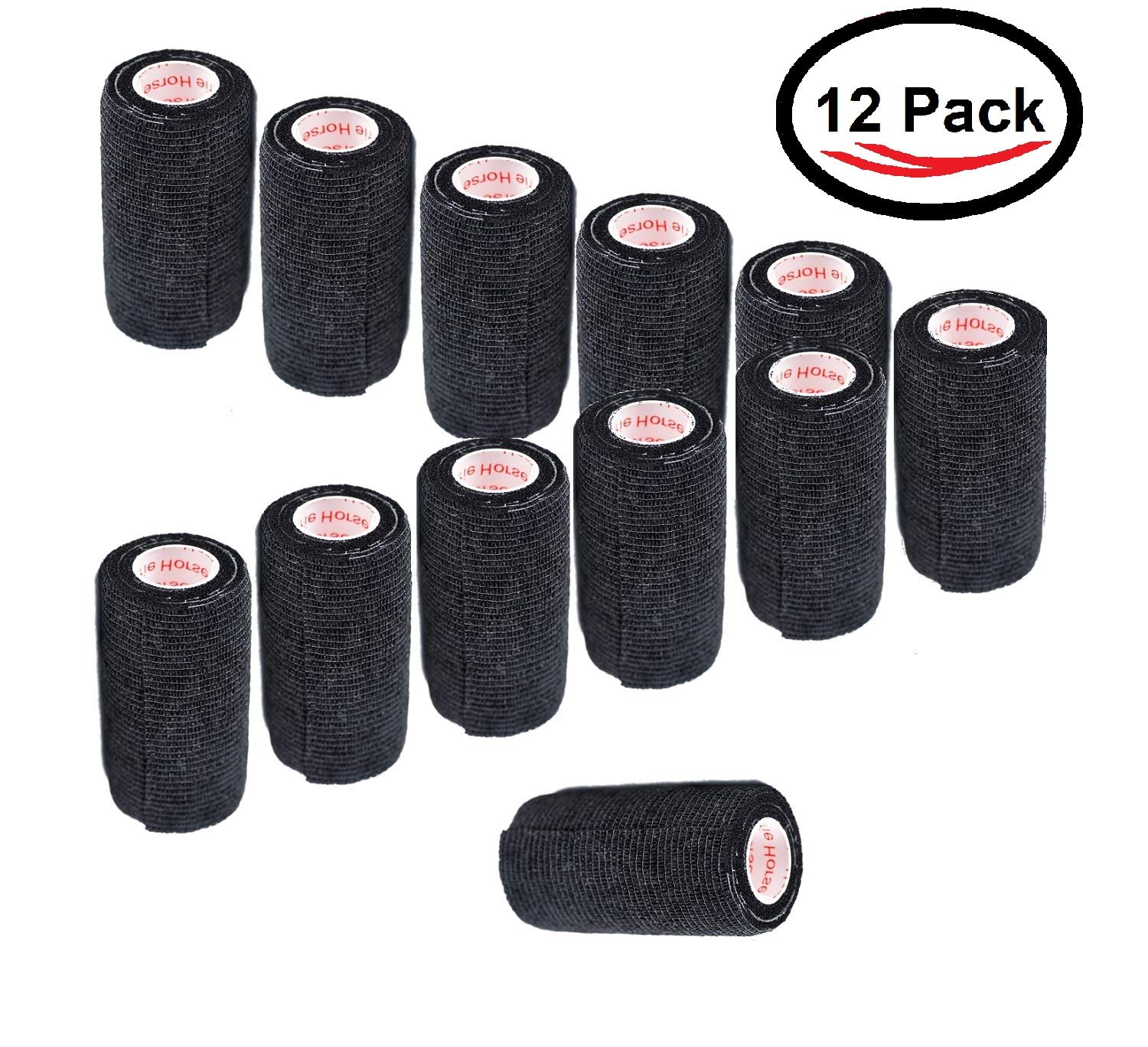 3 Inch Vet Wrap Tape Bulk (Black) (Pack of 12) Self Adhesive Adherent Adhering Flex Bandage Grip Roll for Dog Cat Pet Horse