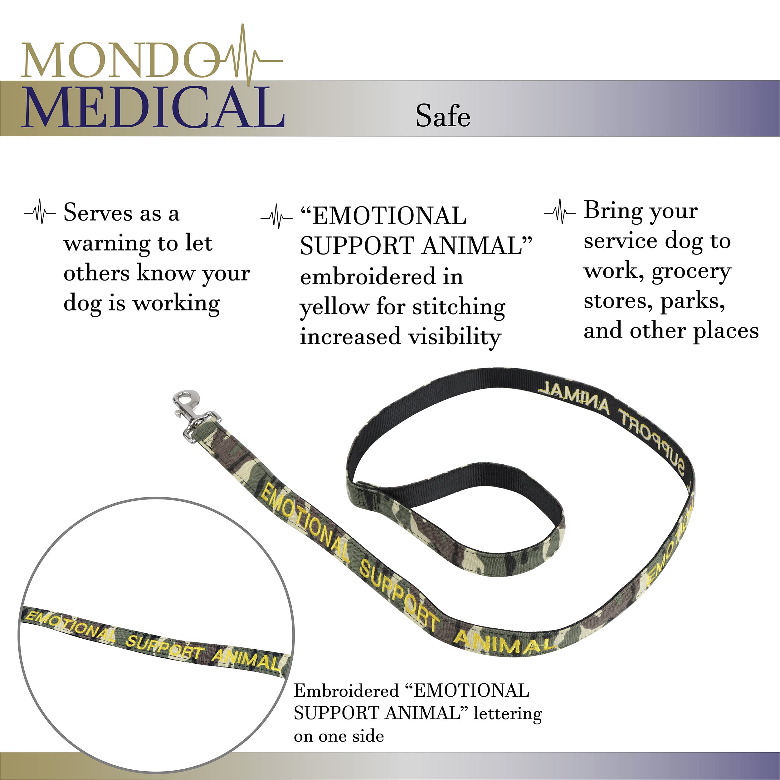 Mondo Medical Service Dog Leash - 5Ft Camo Canvas Emotional Support Animal Lead For Service Pets