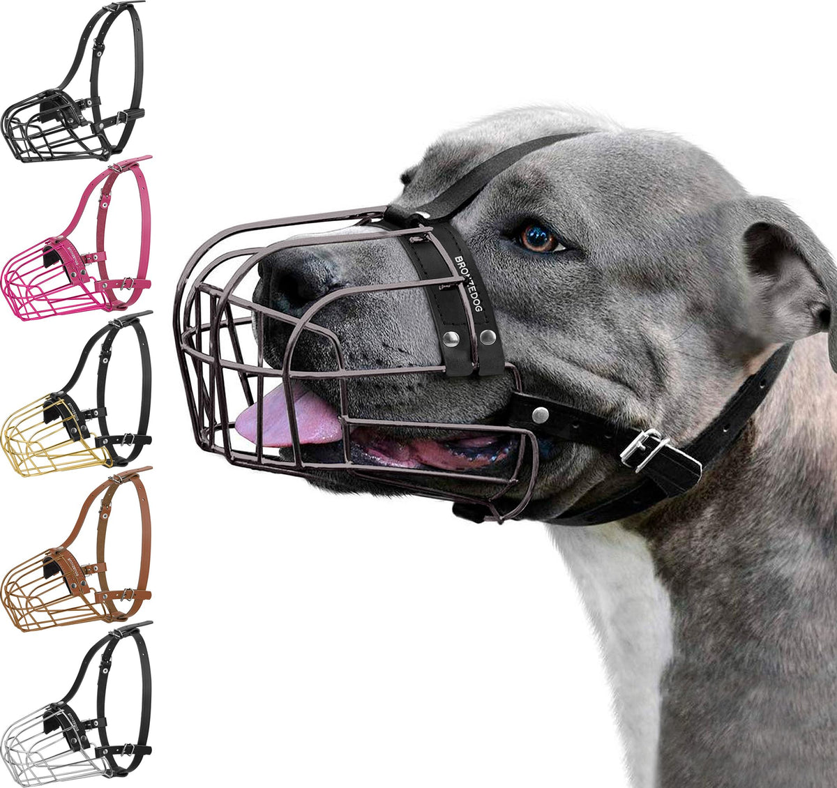 Bronzedog Pitbull Dog Muzzle Metal Mask Amstaff Wire Basket Pit Bull Adjustable Leather Straps For Large Dogs (Graphite Metal)