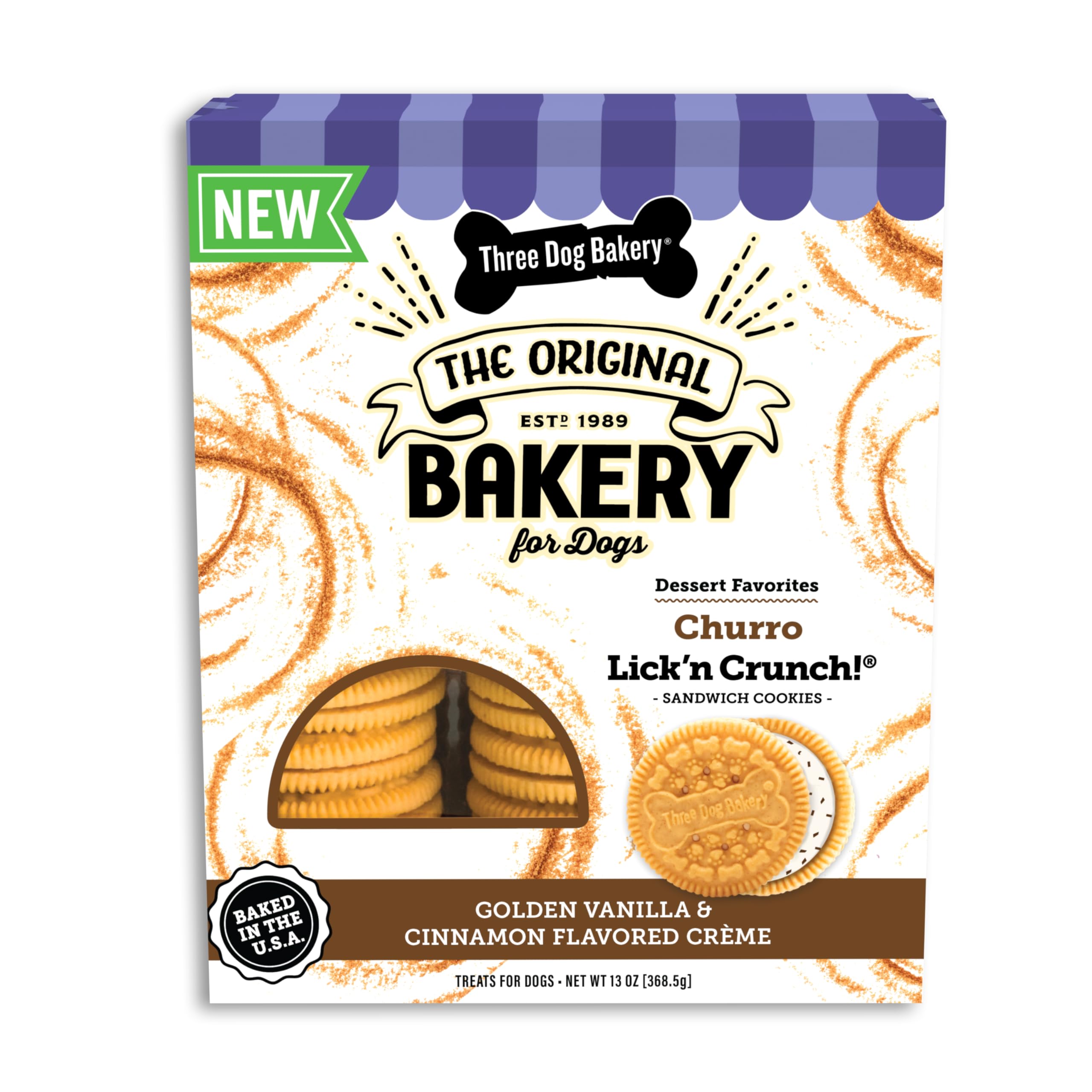 Three Dog Bakery Churro Lickn Crunch Vanilla & Cinnamon Crunchy Dog Treats, 13-oz Box