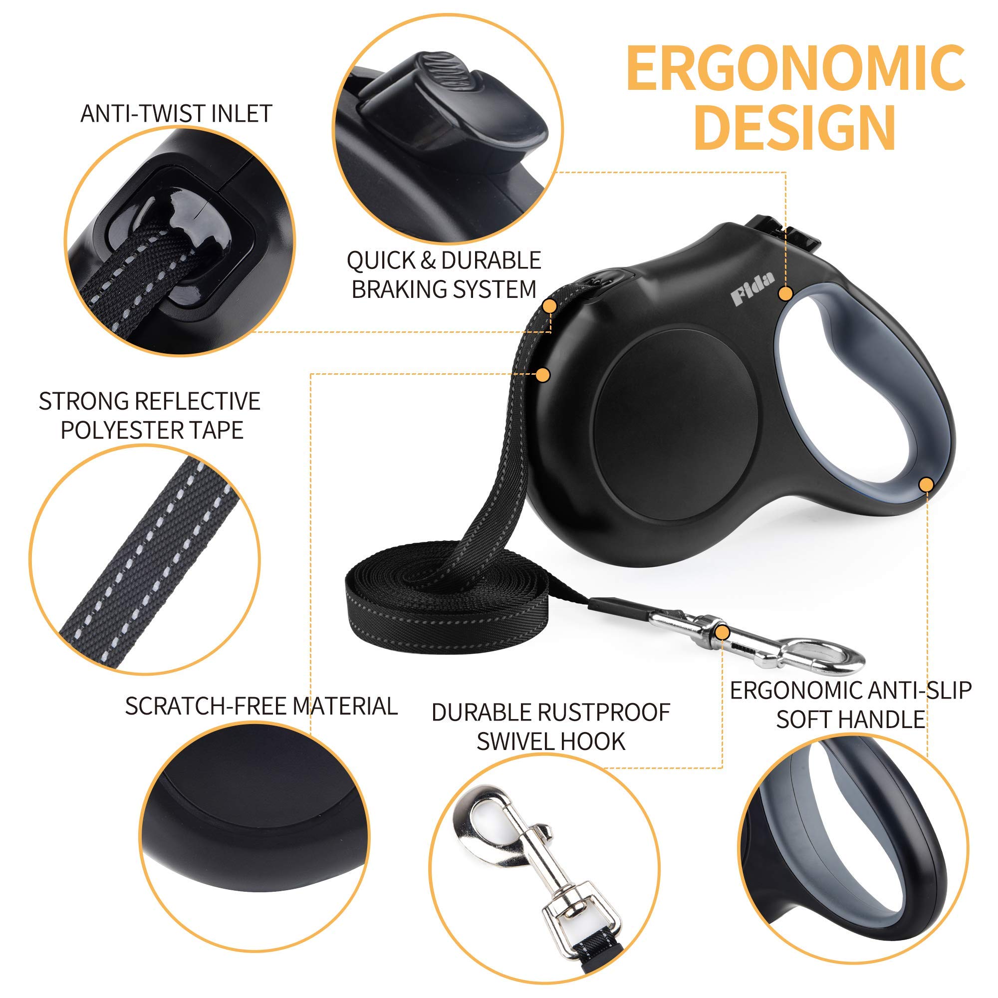 Fida Retractable Dog Leash Large Breed, Heavy Duty 16 Ft Dog Walking Leash, Up To 110 Lbs, 360 Tangle Free, Black