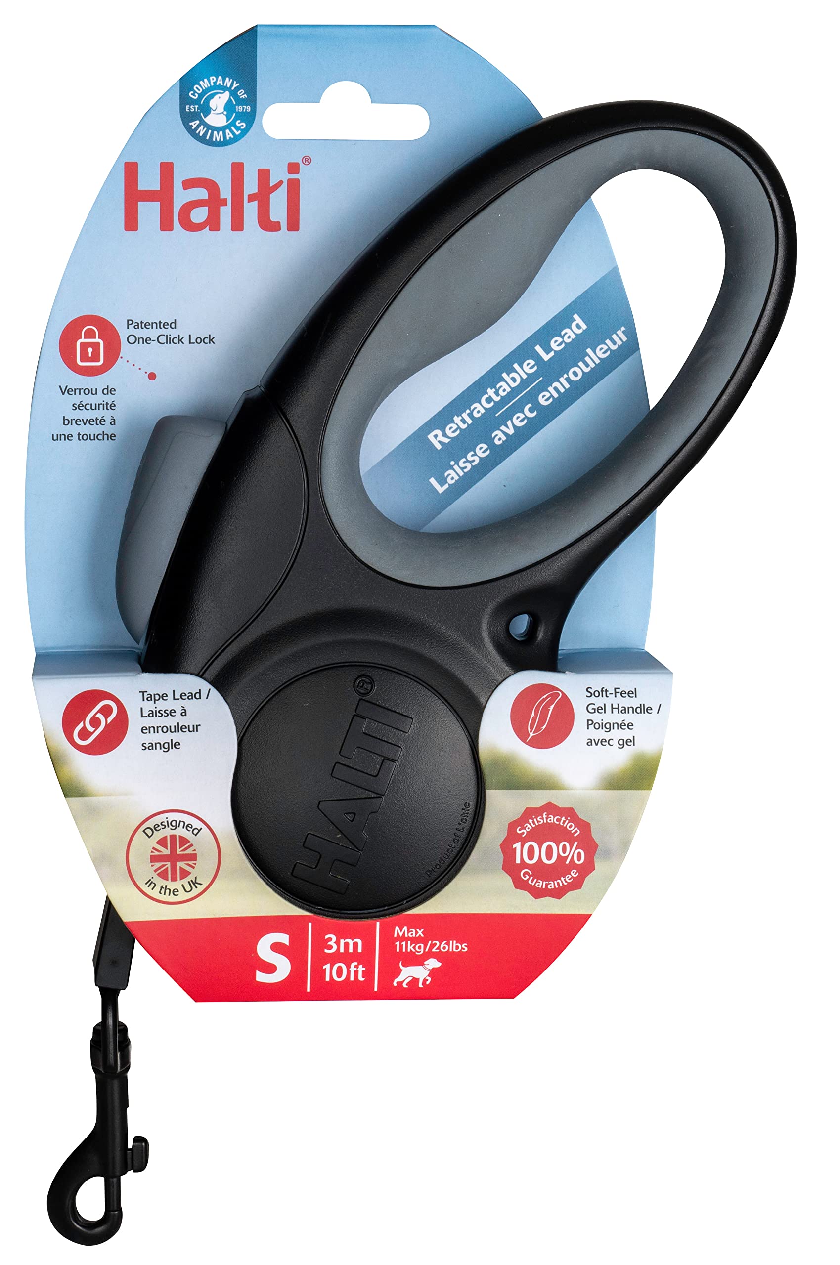 Halti Retractable Leash For Dogs - Strong & Reflective Extendable Leash, Soft Gel Grip Handle, Easy To Use Brake & Lock. Suitable For Small Dogs And Puppies (Size Small, Black, 3M)