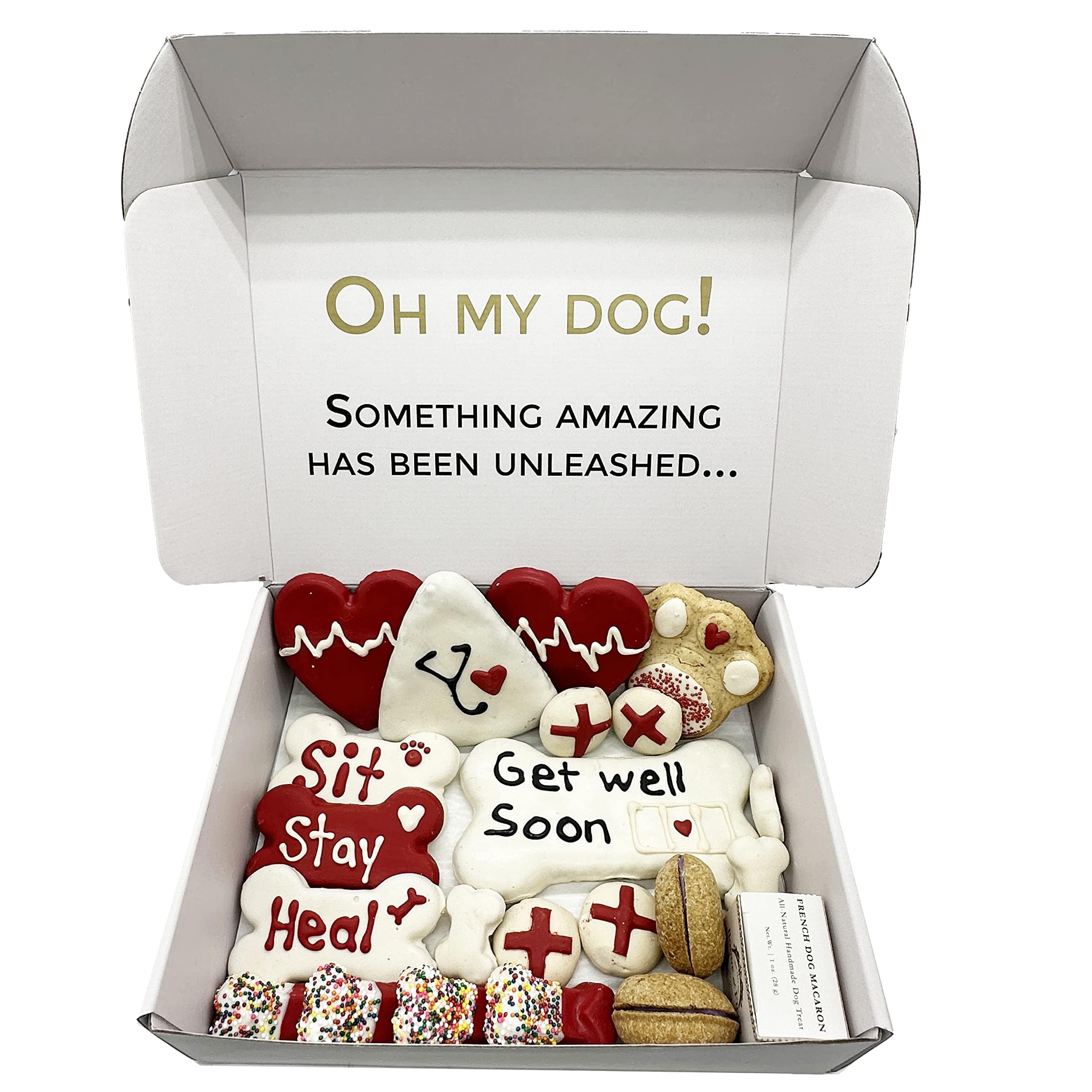 Bonne et Filou Get Well Soon Dog Treats, Gourmet Gift Box, 21 Luxury Macarons, Truffles & Bone Cookies, Healthy & Delicious Snac