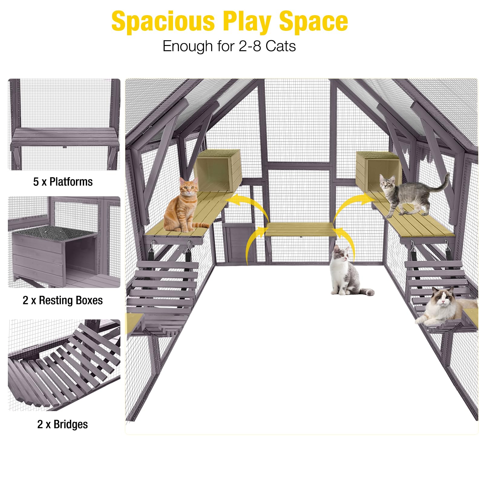 Aivituvin Catio For Multiple Cats, Large 56.54Ft Outdoor Enclosure, Weatherproof W/ 2 Bridges, 7 Trails, 2 Houses, Grey