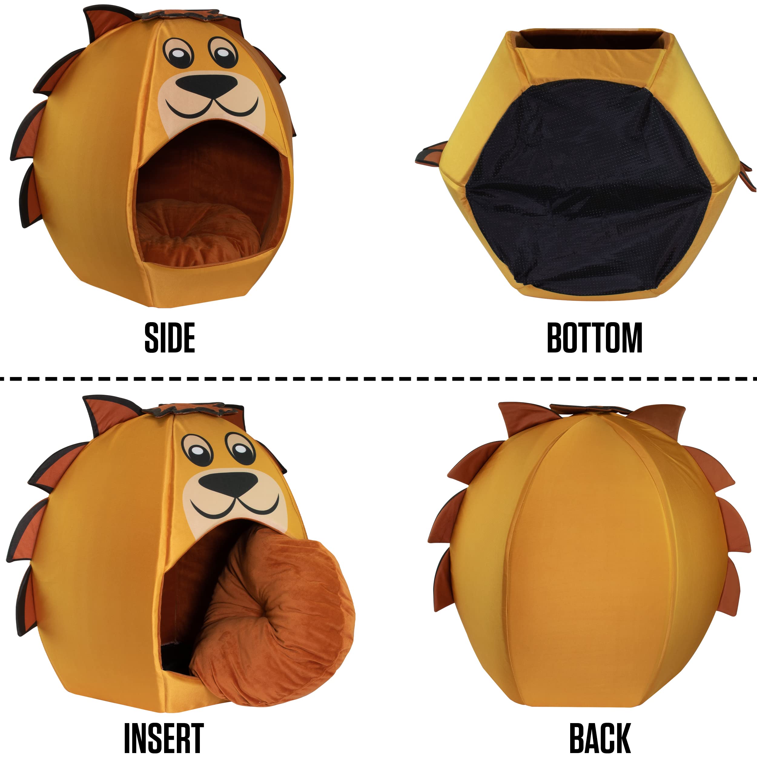 Maccabi Art Lion Theme Dog Bed - Cute Igloo Style Pet Bet - Fits Medium Dogs, Puppies, Cats - Pillow Insert With Plush Lined Int
