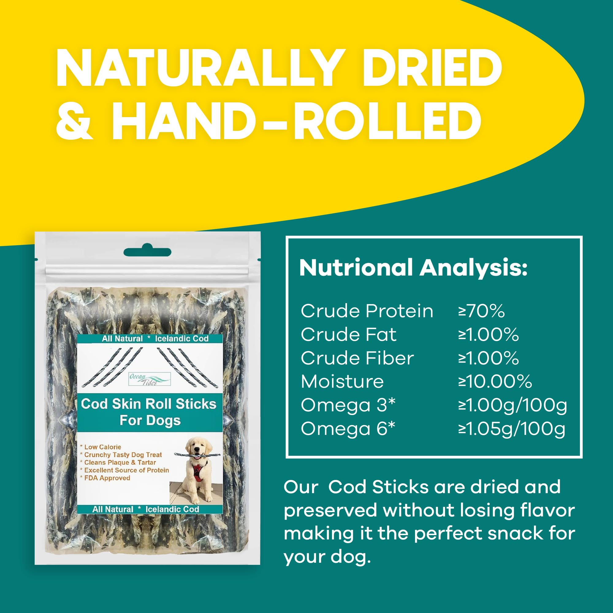 Ocean Tides Icelandic Atlantic Cod Fish Skin Treats for Dogs and Cats Dried Lean Crunch Sticks Chews