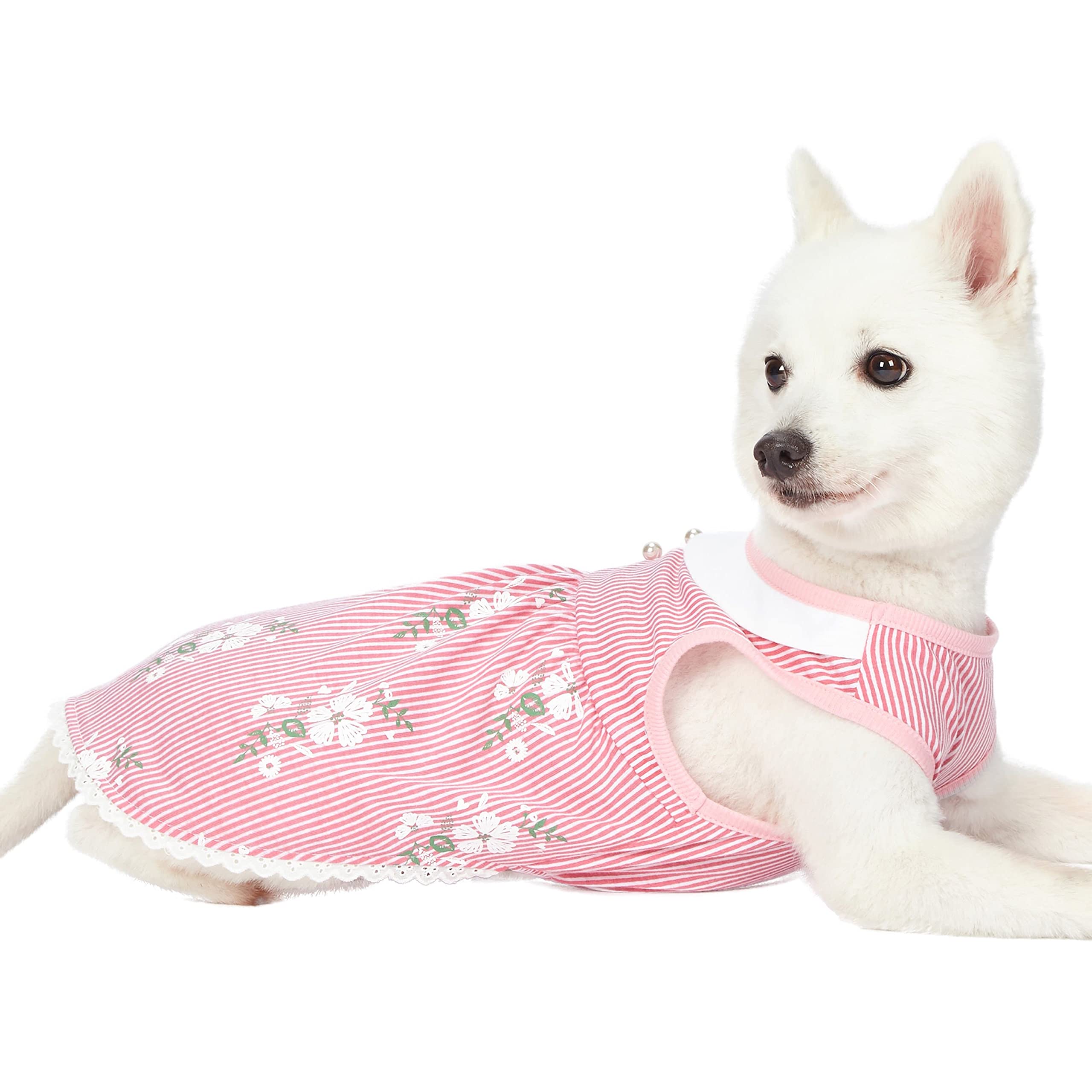 Blueberry Pet Wonderland Floral Sleeveless Dog Dress in Pink Stripe with Peter Pan Collar, Back Length 10, Pack of 1 Clothes for