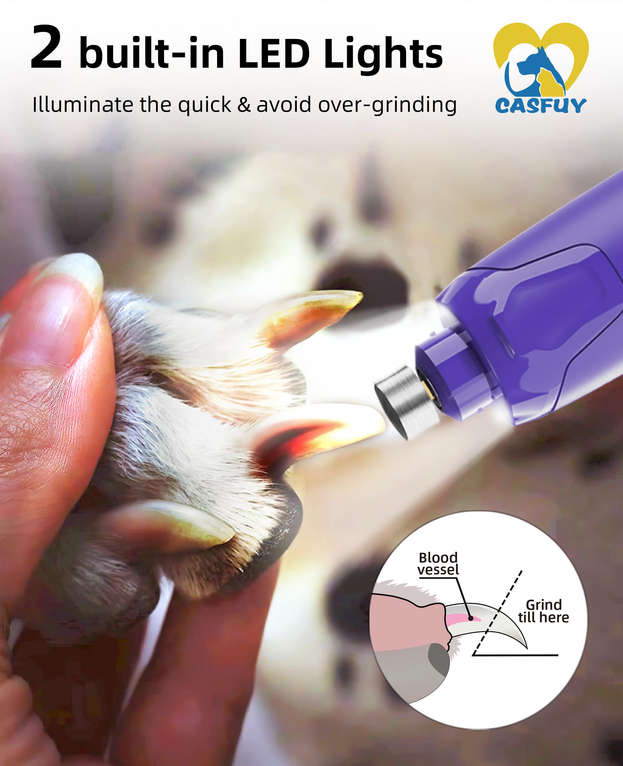 Casfuy Dog Nail Grinder Quiet - (45Db) 6-Speed Pet Nail Grinder With 2 Led Lights For Large Medium Small Puppy Dogs/Cats, Profes
