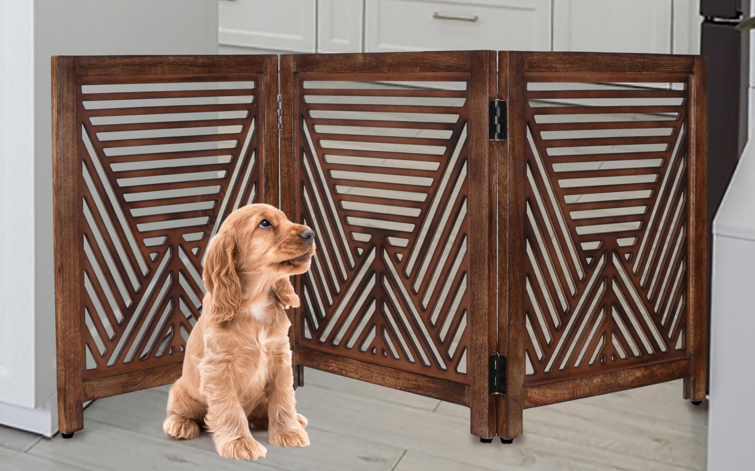 Lightnpro Geometric Wooden Dog Gate  FreeStanding Foldable Pet Barrier for Indoor Use, Safety Gate for Dogs, Cats & Small Pets