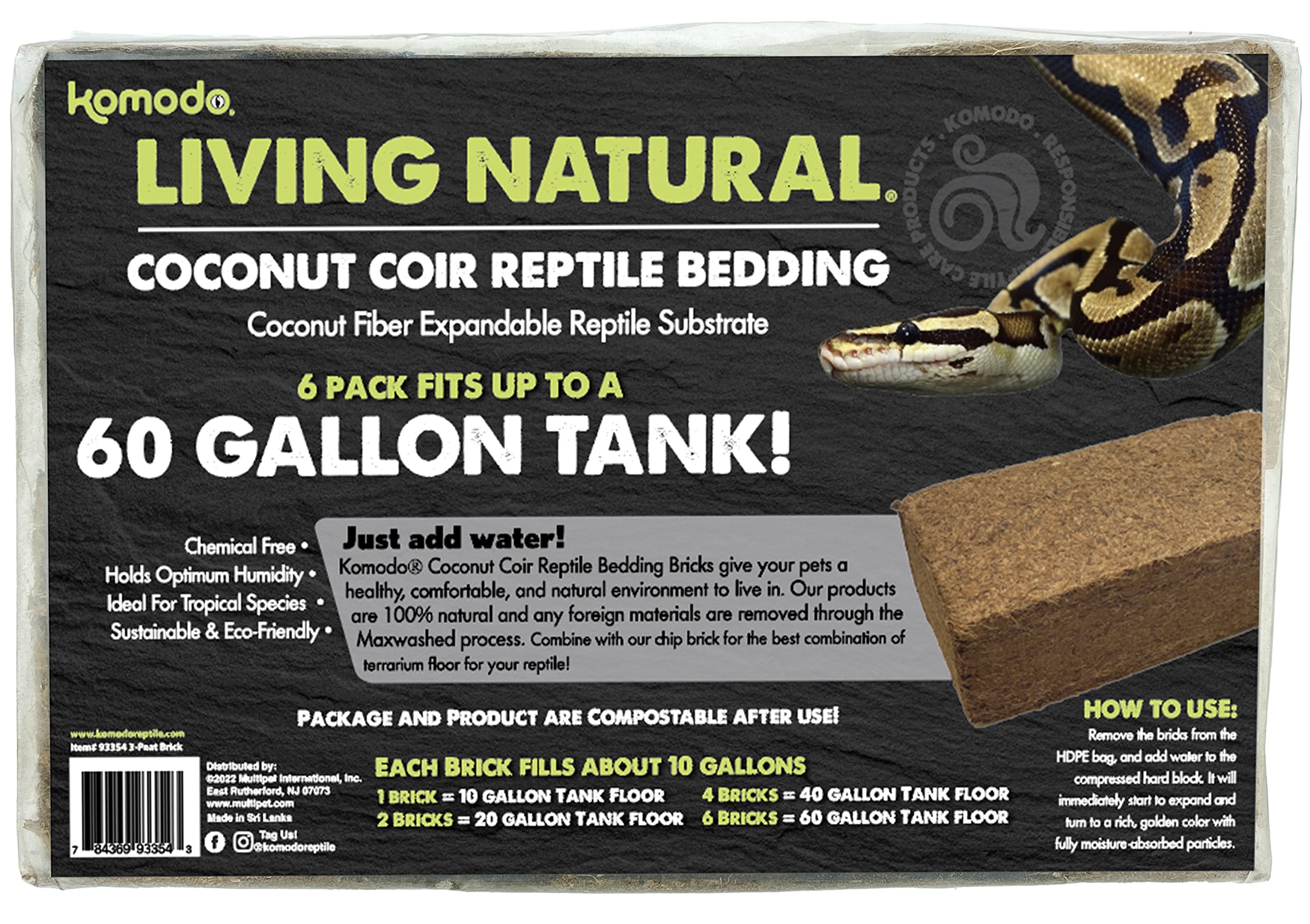 Komodo Coconut Coir Peat 3 Brick Pack | 100% Natural Coconut Coir Reptile Terrarium Habitat Bedding | For Tropical Or Desert Environments | Fits Up To A 60 Gallon Tank
