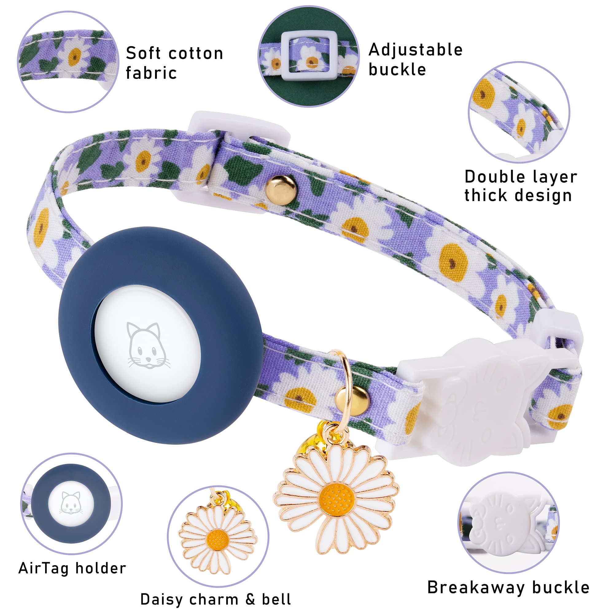 Airtag Cat Collar, Jxfukal Kitten Collar Breakaway With Silicone Airtag Holder, Bells & Flower Charm For Girl Cats Boy Cats Small Dogs(Blue)