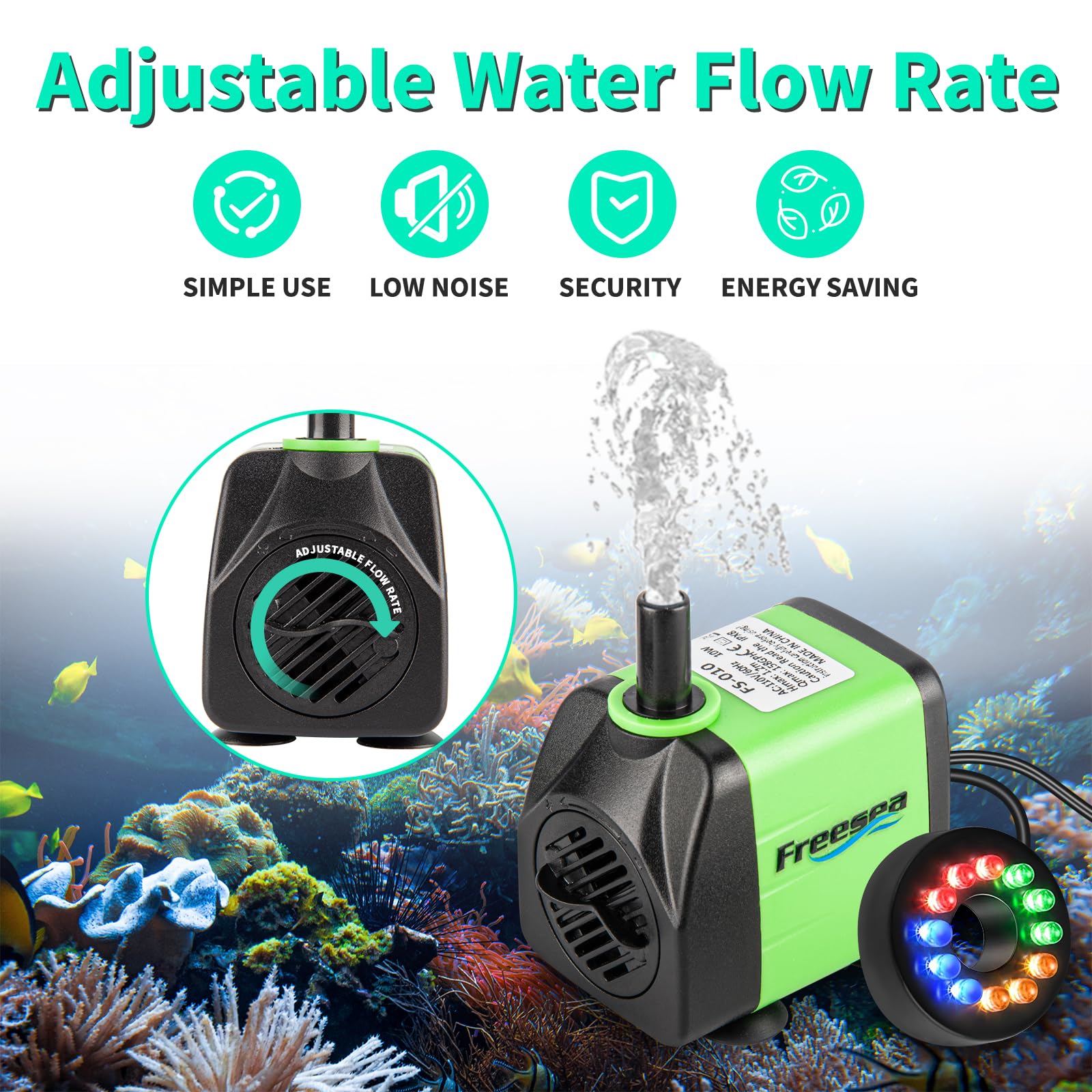 FREESEA Fountain Submersible Water Pump: 10Watt 160GPH Adjustable Aquarium Pump With LED Light 3.3ft Tubing for Outdoor Pond | S
