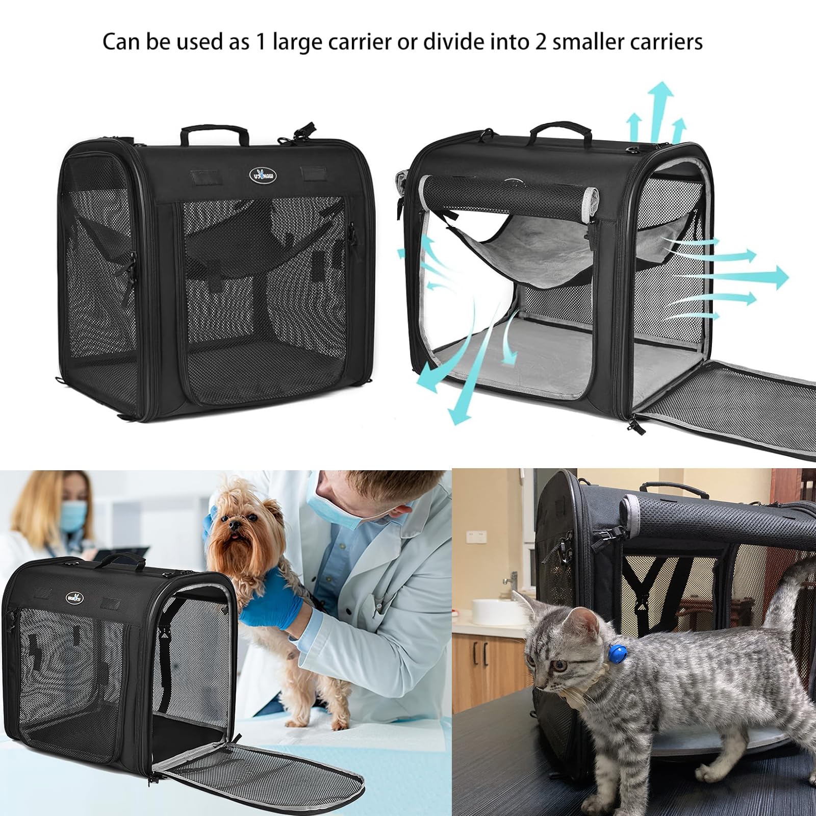 Wakytu Portable 2-In-1 Pet Carrier For Medium Dogs Large Cat Carrier For 2 Cats Travel Double Dog Crate Set With Portable Carry