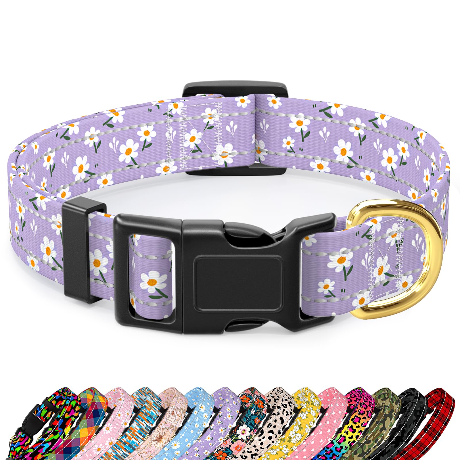 Tmoodel Reflective Dog Collar For Small Dogs, Cute Flower Theme Adjustable Heavy-Duty Nylon Puppy Collar For Boy And Girl Female