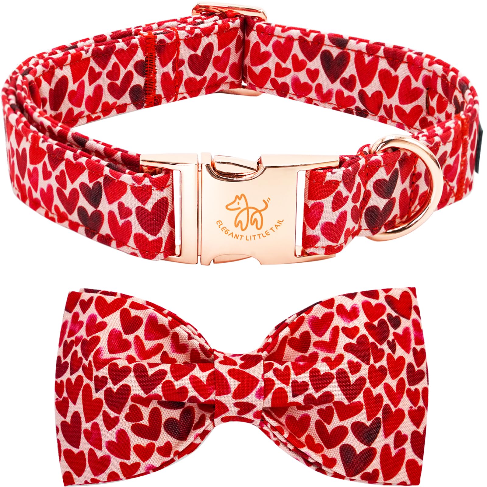 Elegant little tail Valentine's Dog Collar, Cute Red Heart Dog Collar with Bow for Small Dogs, Female or Male Adjustable Cotton 