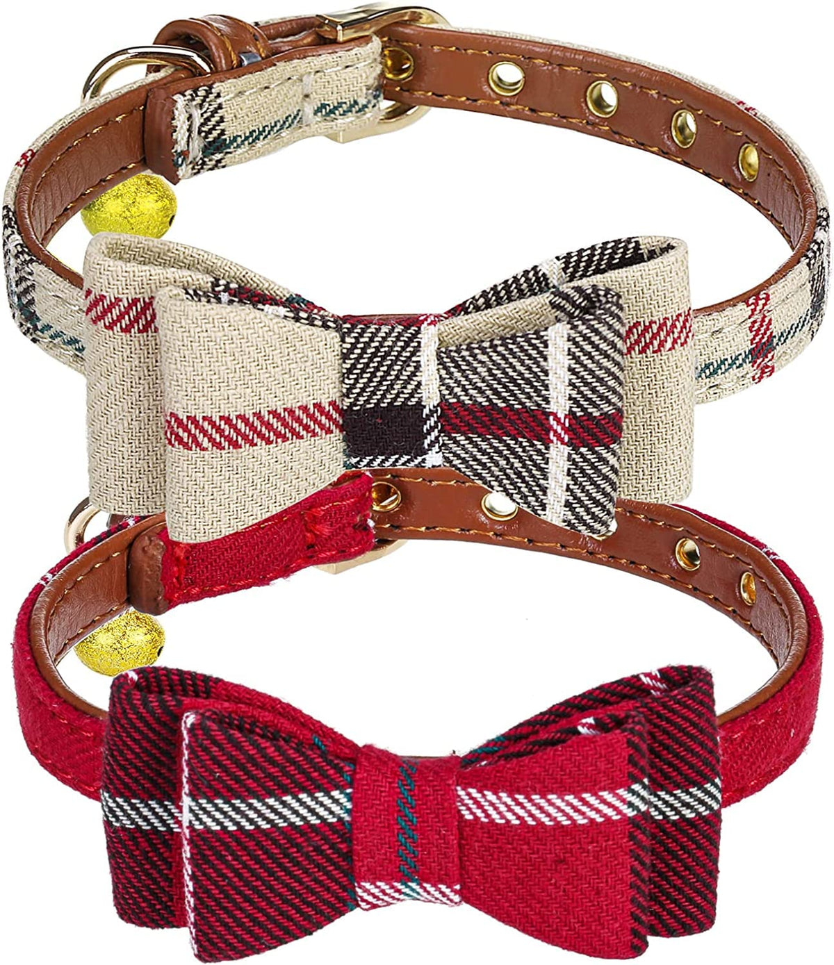 Pupteck Puppy Collar With Bell - 2 Pack Plaid Small Dog Collar Charm Adjustable Bowtie Soft Leather Cat Collar For Kitten And Pu