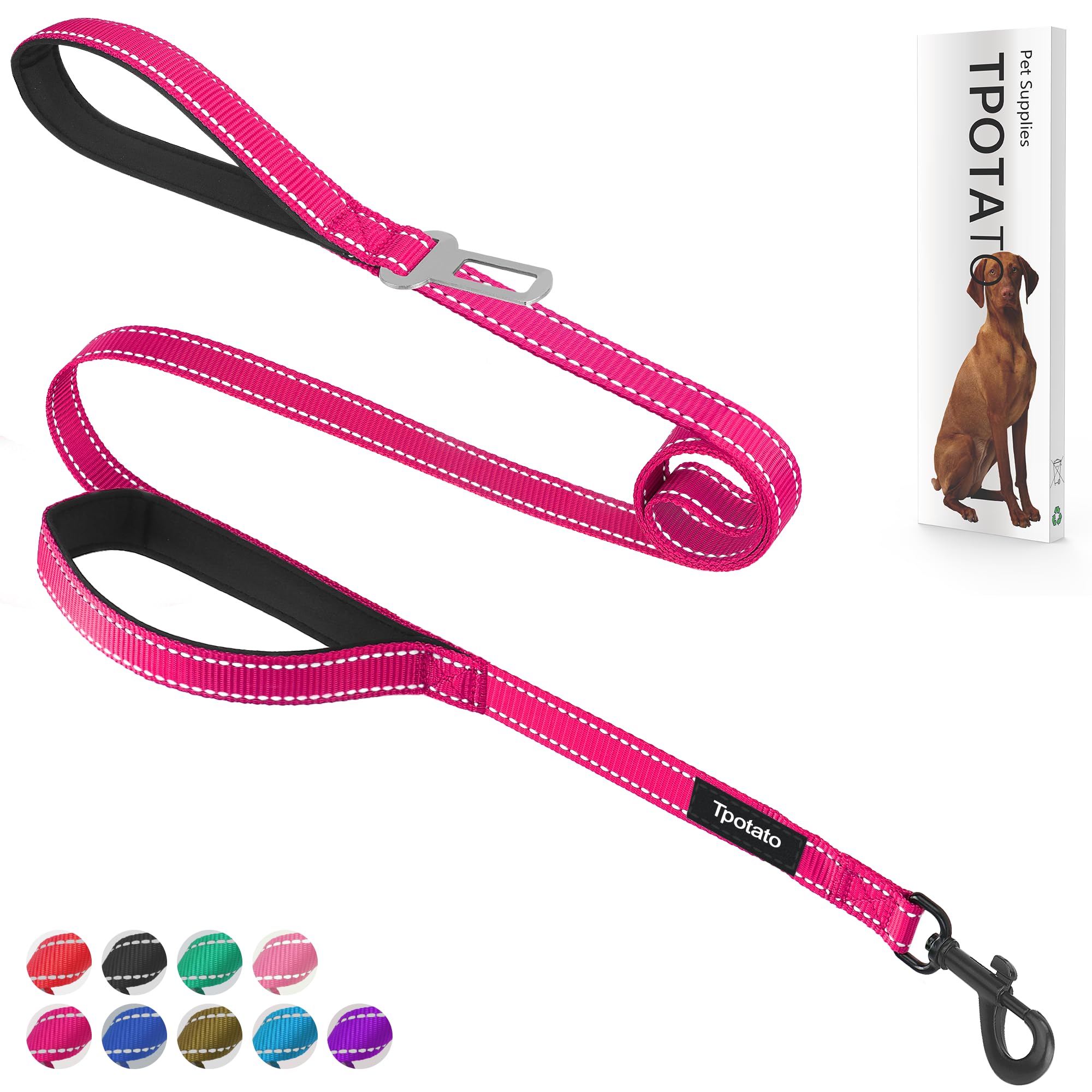 6 Foot Fuchsia Dog Leashes For Large Medium And Small Breed Dogs That Pull,Reflective Nylon Heavy Duty Dog Leash With 2 Comforta