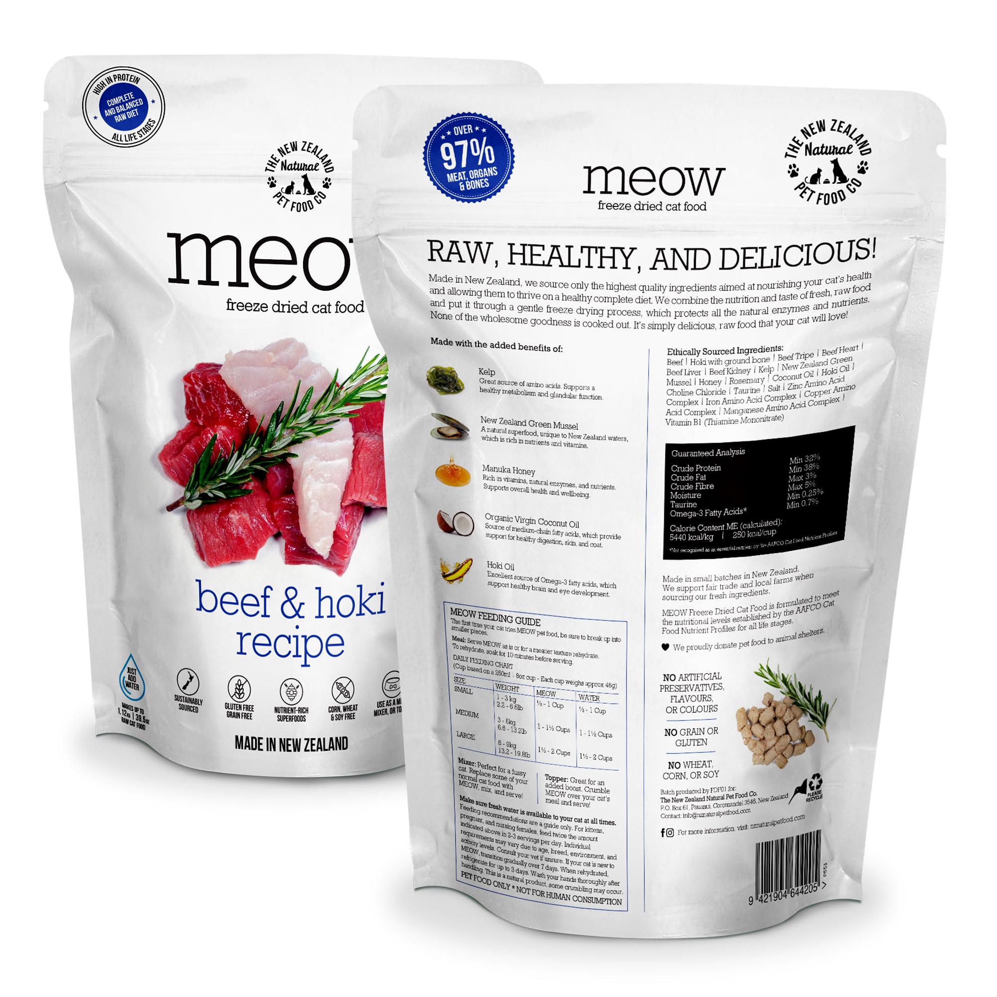 The New Zealand Natural Pet Food Co. Meow Freeze Dried Cat Food - Beef & Hoki Recipe, High Protein Cat Treats, Meals & Toppers,