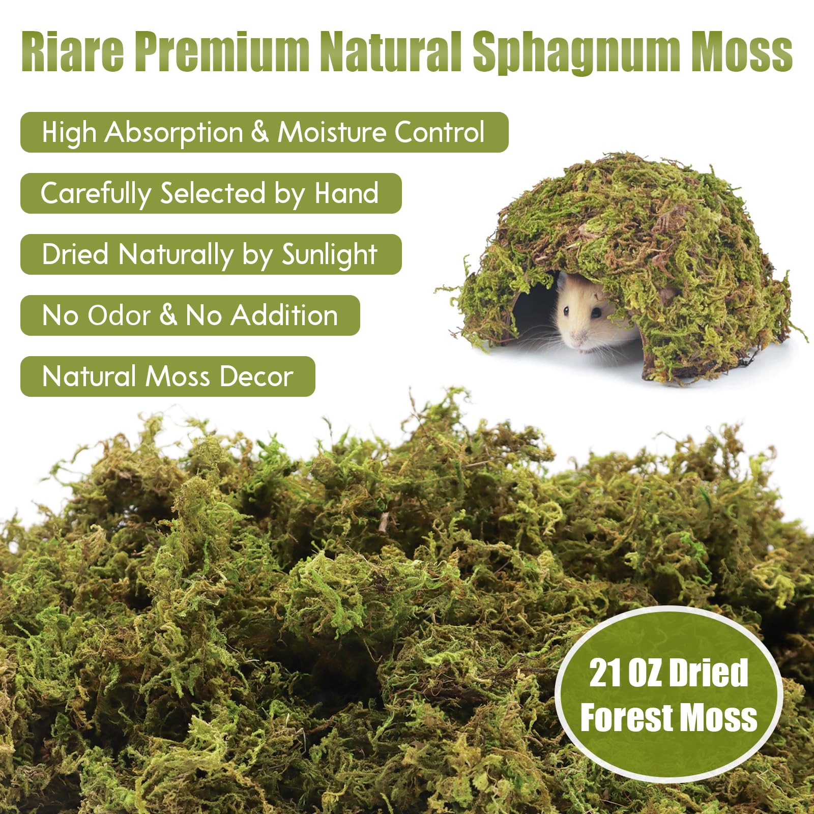 Riare 25QT Natural Hamster Moss Bedding Nesting-Soft Forest Moss Hamster Habitat Reptile Moss for Dwarf Syrian Hamsters, Mices,