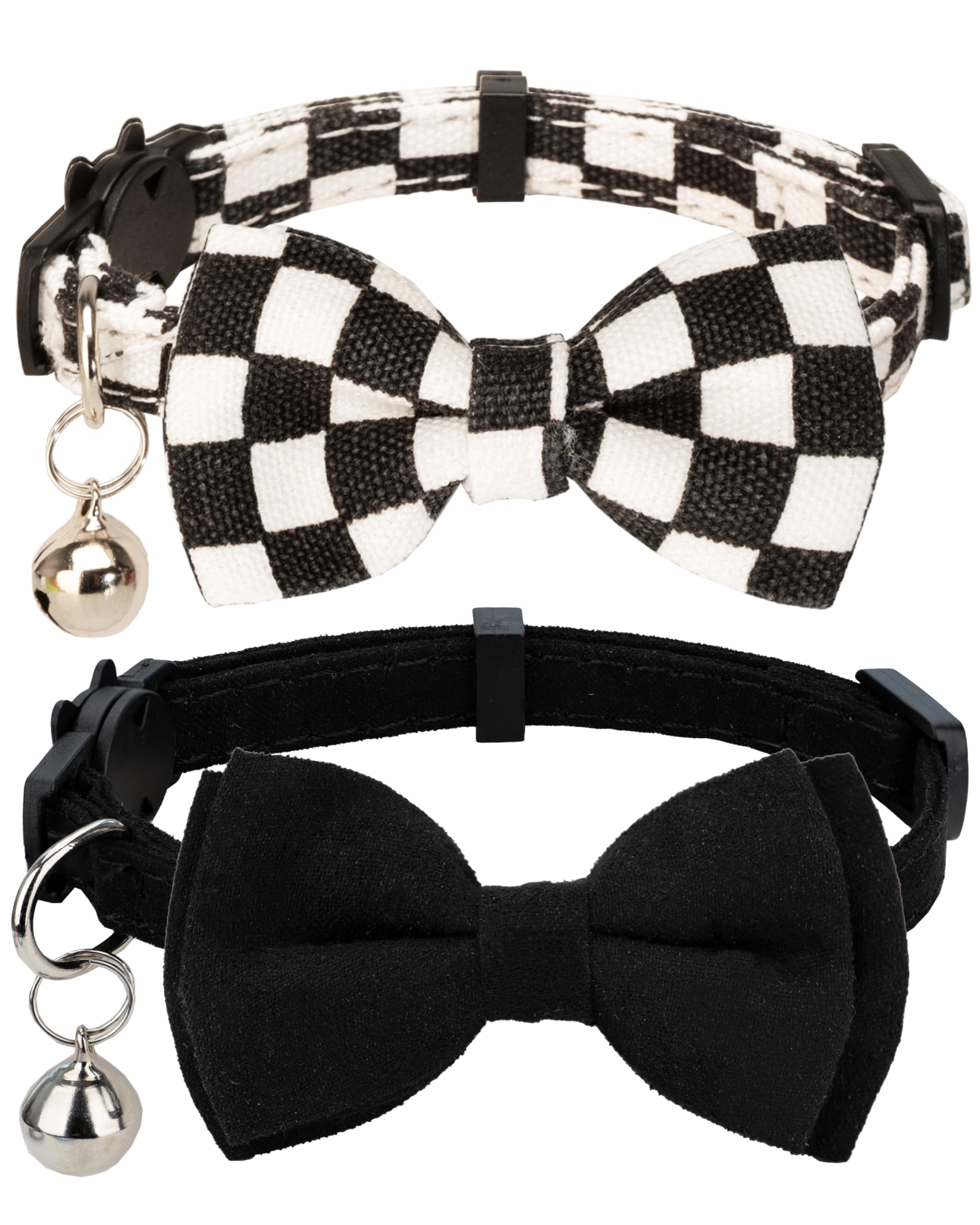 Gyapet Collar For Cats Pets Breakaway With Bell Bowtie Floral Bow Detachable Adjustable Safety Puppy 2Pcs Plaid & Solid-Black