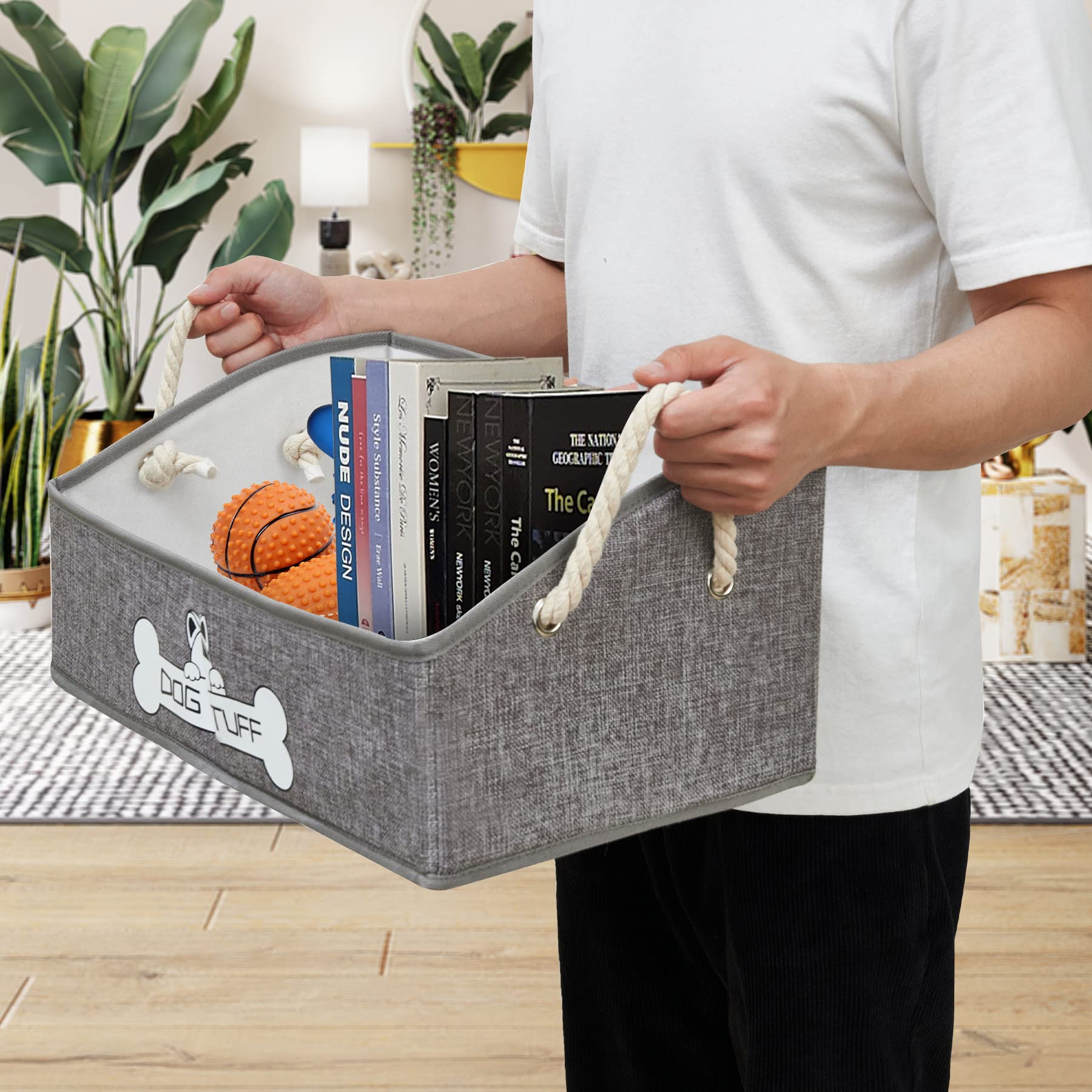 Thankspaw Dog Toy Box, Large Dog Toys Storage with Handle, Collapsible Dog Toy Bin, Fabric Trapezoid Basket Chest Organizer, Per