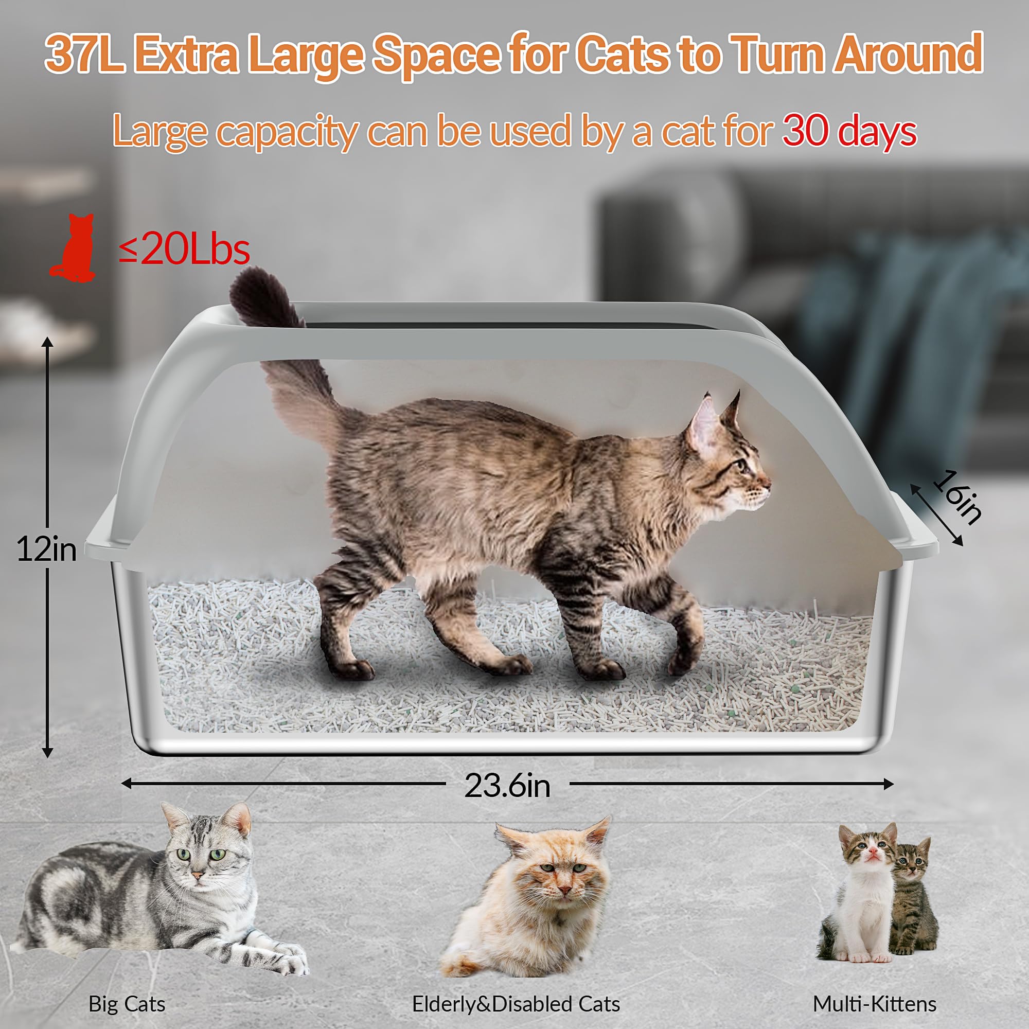 Miorcols Stainless Steel Litter Box with Lid, XL Extra Large Metal Cat Litter Box for Big Cats, High Sided Design with Scoop & P