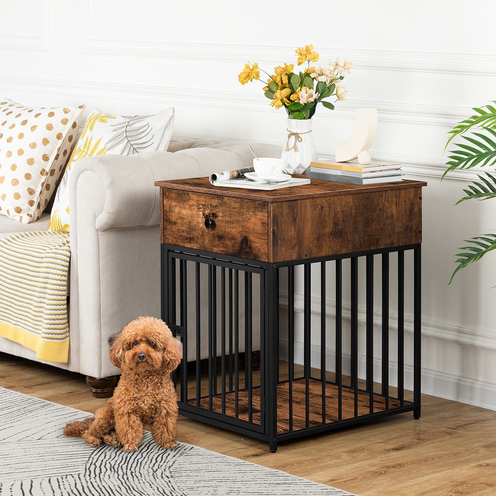 HOOBRO Dog Crate Furniture, Wooden Dog House, Decorative Dog Kennel with Drawer, Indoor Pet Crate End Table for Small Dog, Steel
