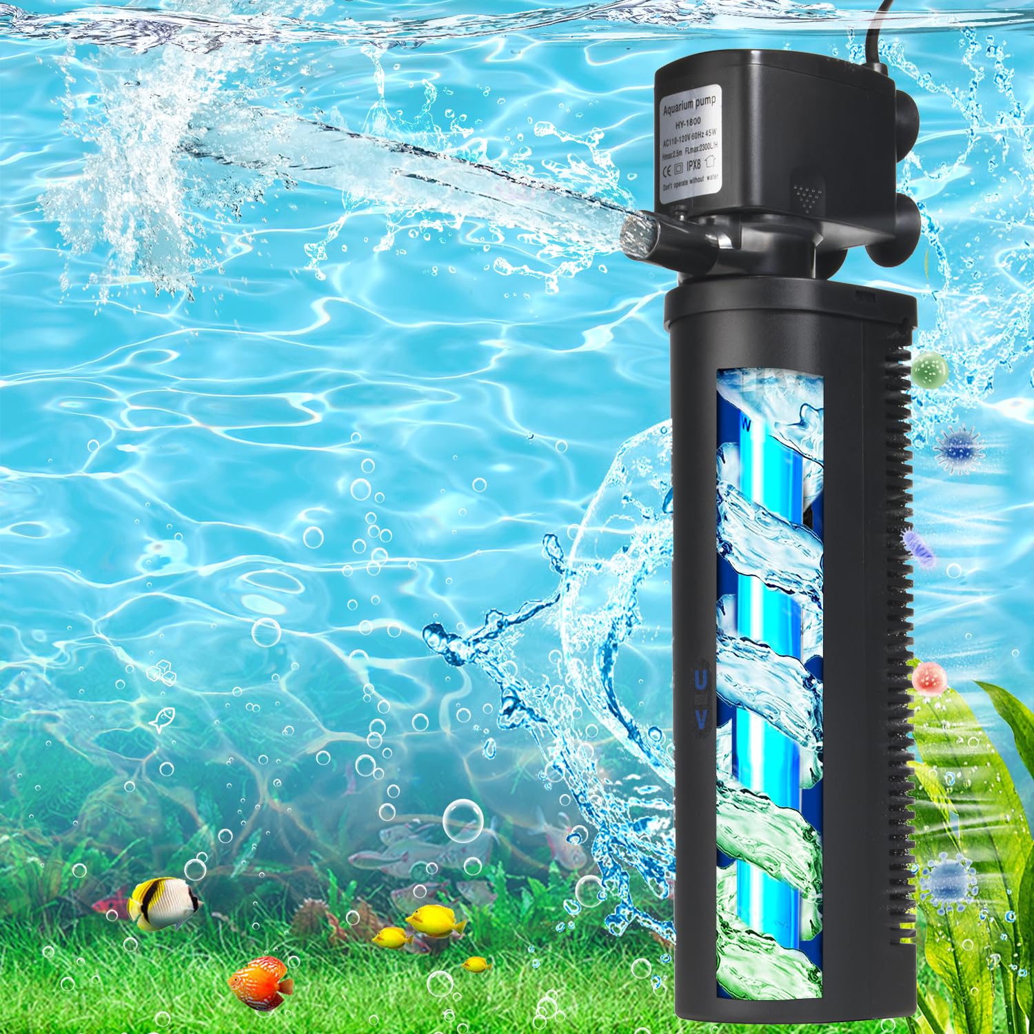Aquarium U-V Filter 300GPH for Large 75-300 Gal Fish Tank Pond, Powerful Internal Submersible Pump Green Water Clean Killing Mac