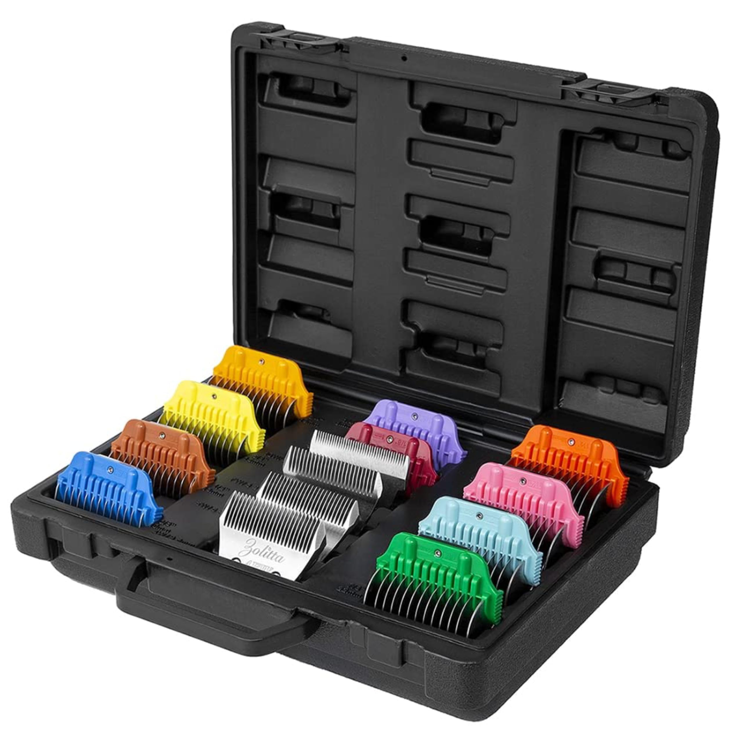 Zolitta Professional Dog Grooming Case With 4 Wide Blades, 10 Colored Attachment Combs, And Storage