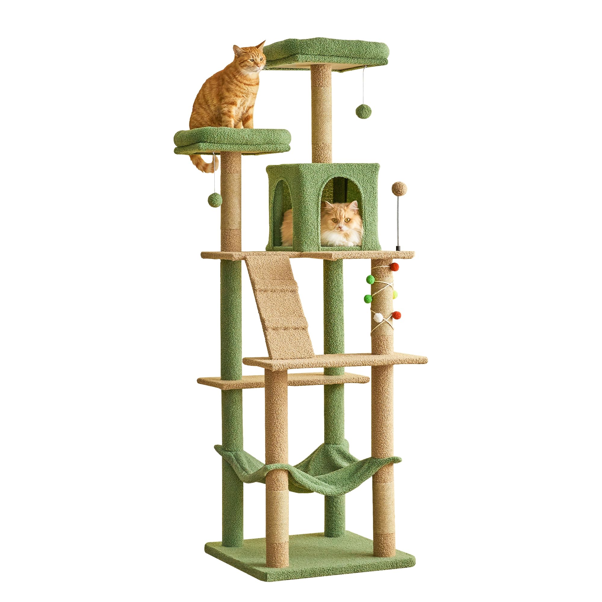 Mwpo 70.1-Inch Green Large Cat Tree, Multi-Level Tall Cat Tower For Indoor Cats, Plush Cat Condo With Big Padded Perches, Sisal-