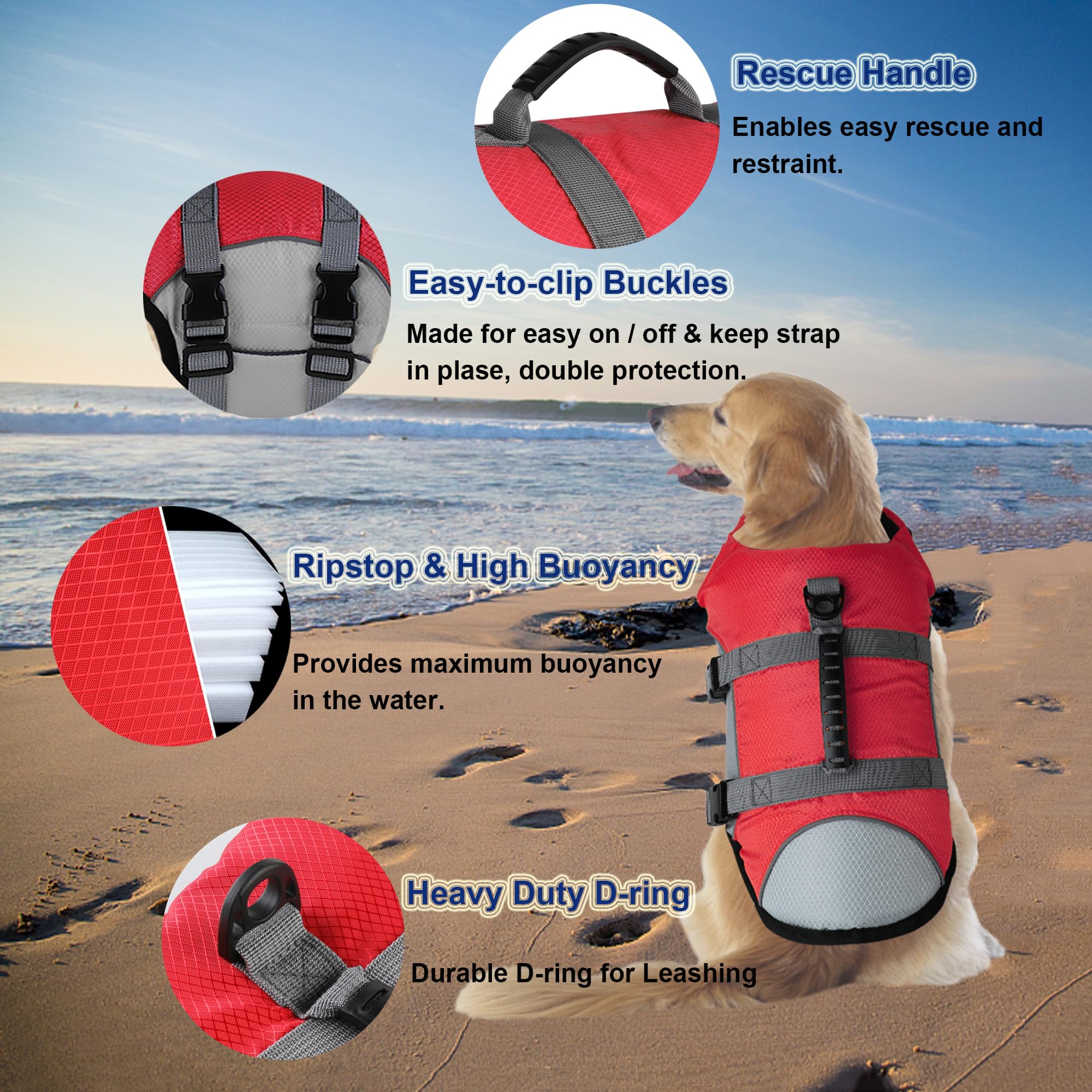 Dogcheer Dog Life Jacket, Reflective Dog Life Vest For Swimming Boating, Adjustable Puppy Swim Vest Ripstop Pet Pfd Floating Ves