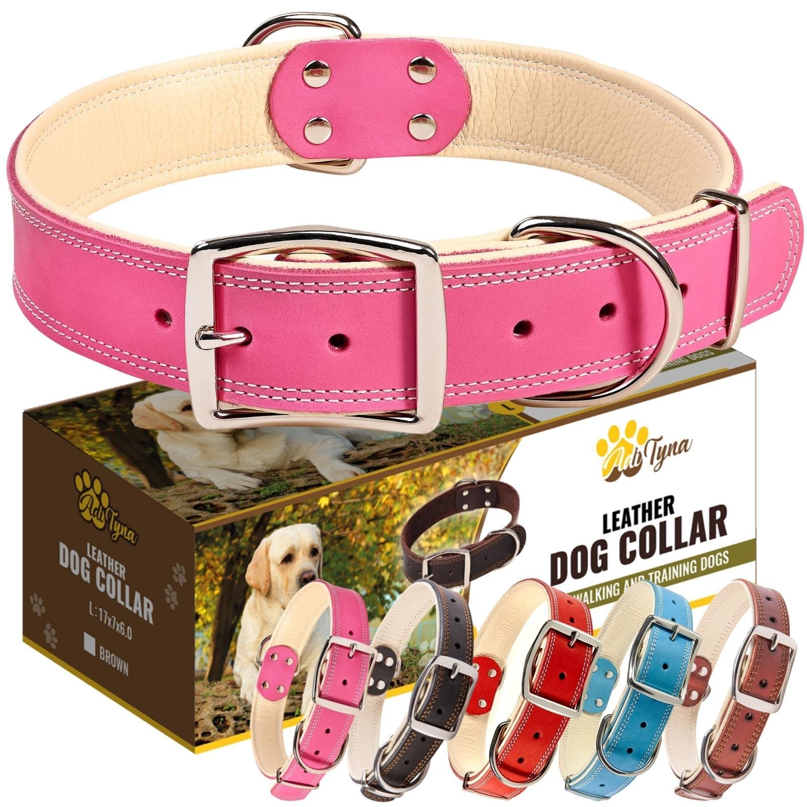 Adityna Heavy Duty Real Leather Dog Collar For Large Dogs - Pink Large Dog Collar - Soft And Strong Thick Dog Collar With Double Metal Buckle