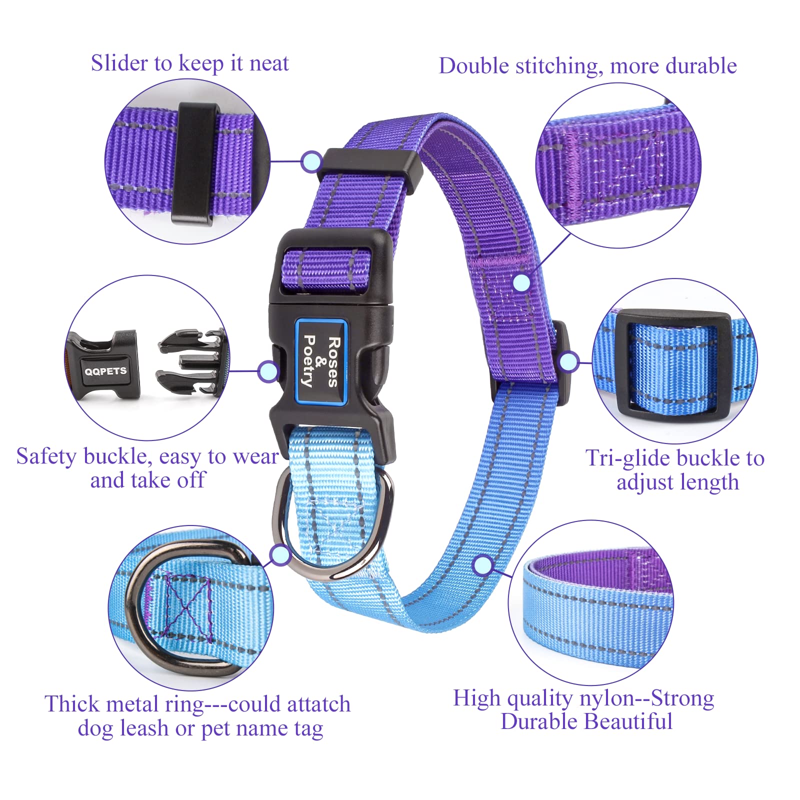 Roses&Poetry Reflective Dog Collar With Gradient Violet, Adjustable Durable Pet Collars For Small Medium Large Dogs (Violet-M