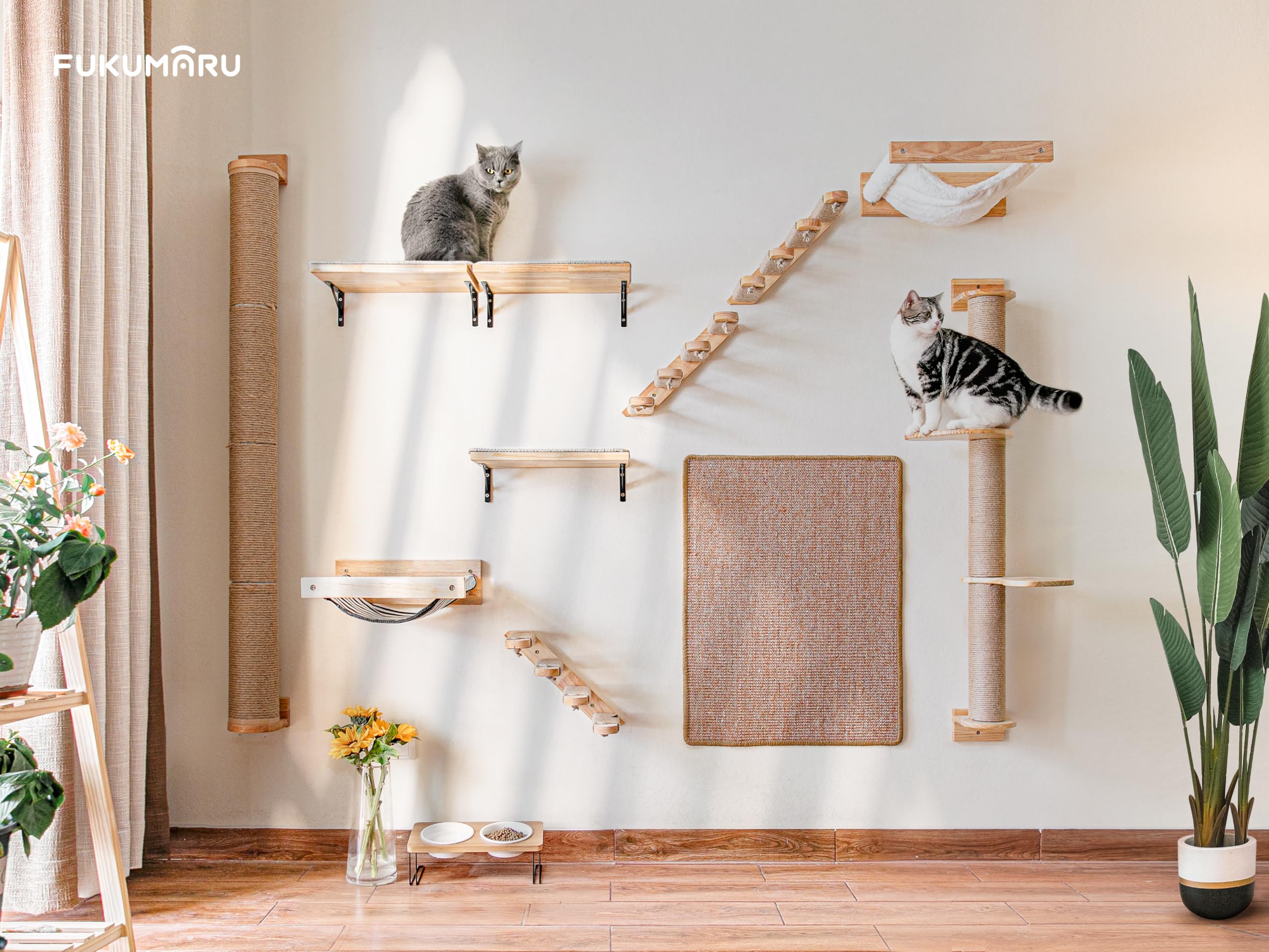 Fukumaru Cat Scratching Post, 35 X 4.5 Inch Cat Wall Furniture, Rubber Wood Wall Mounted Cat Scratcher Posts For Large Cats, Thicker Columns For Multi-Functions