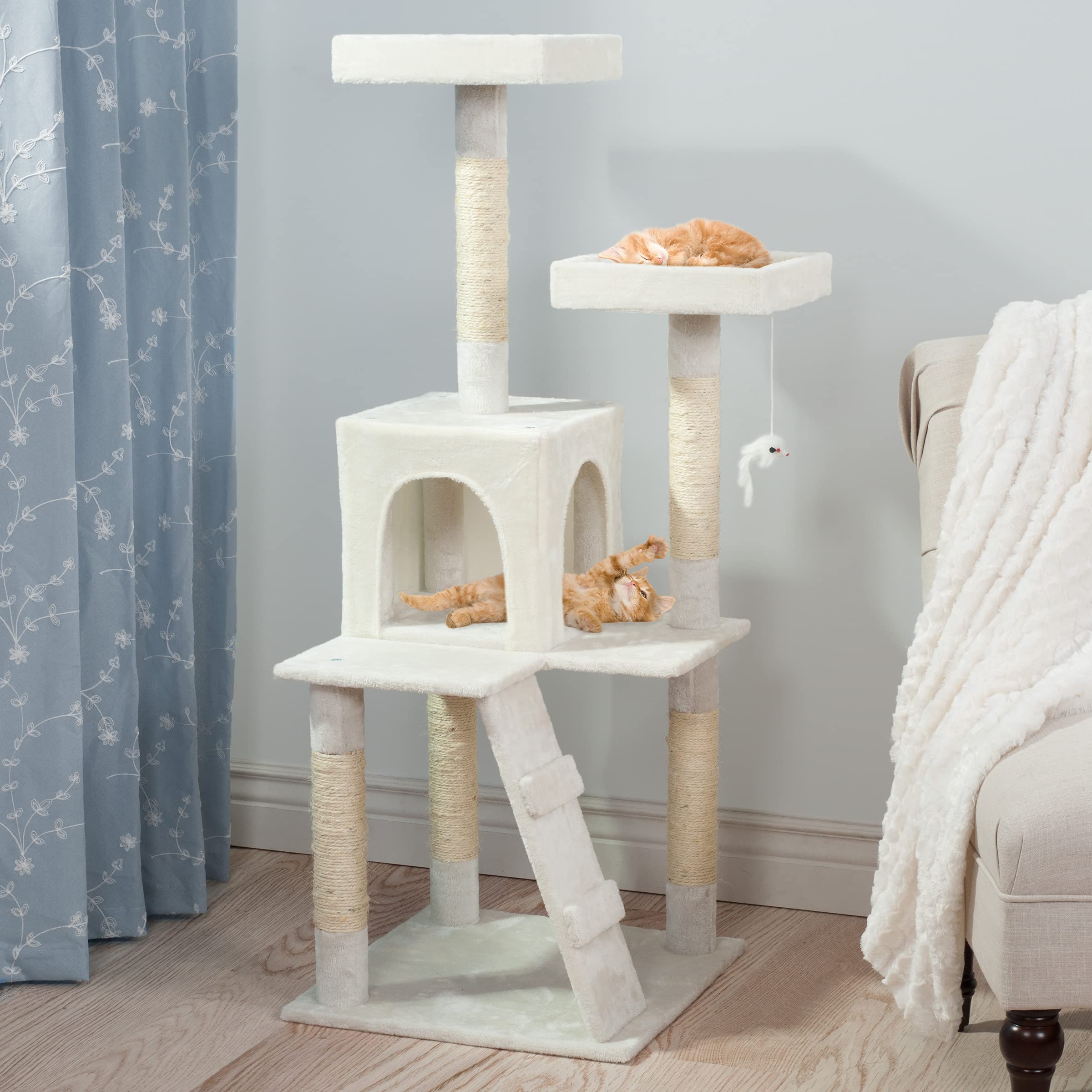 4-Tier Cat Tower - Tree With Napping Perches, Cat Condo, Ladder, 5 Sisal Rope Scratching Posts, And Hanging Toy For Indoor Cats By Petmaker (White)