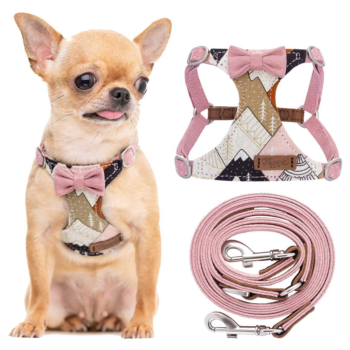 No Pull Xs Dog Harness With Multifunction Dog Leash,Soft Adjustable No Choke Escape Proof Pet Harness Vest,Suede Bow Pink,Xxs