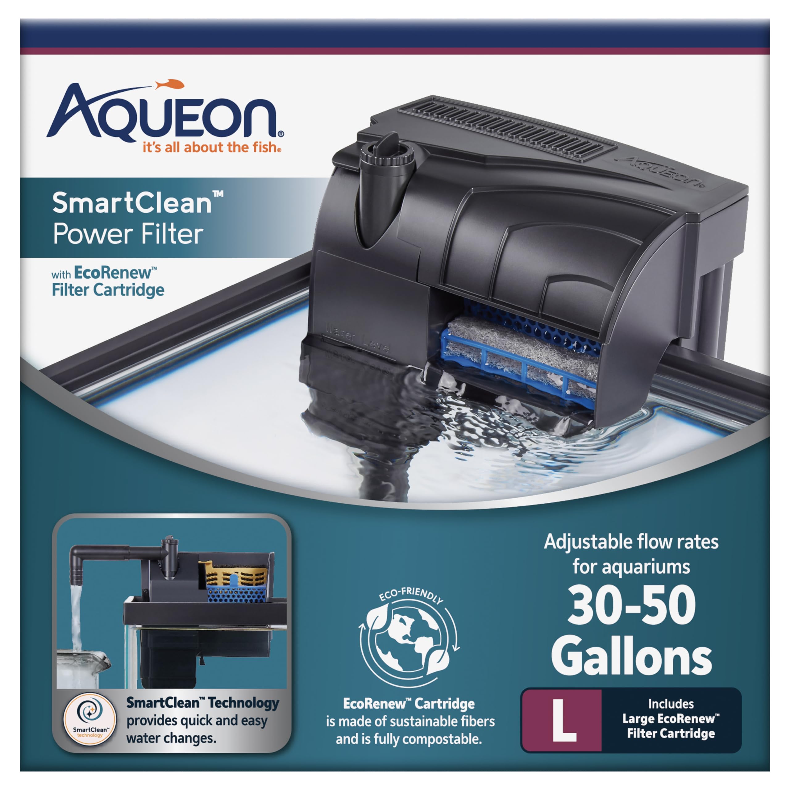 Aqueon Aquarium Fish Tank SmartClean Power Filter with EcoRenew Filter Cartridge, 30-50 Gallons