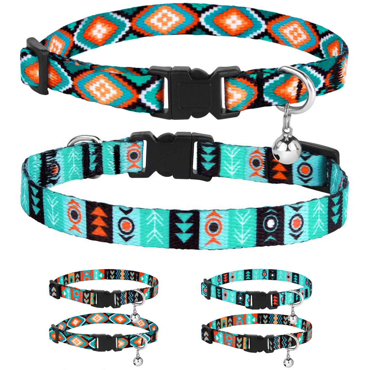 Collardirect Cat Collar Breakaway Set Of 2 Pcs Tribal Pattern Aztec Pet Safety Adjustable Kitten Collar With Bell (Aztec + Ethni