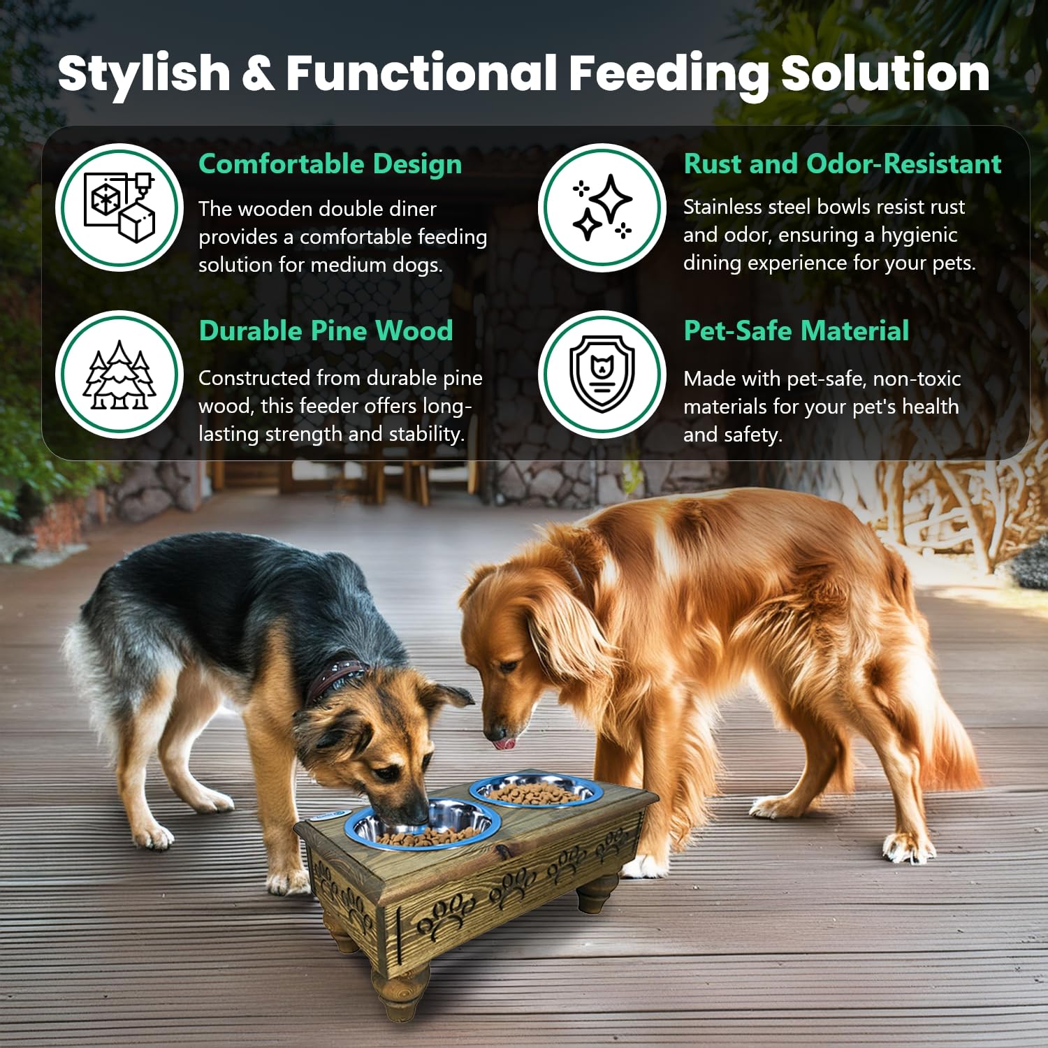 Iconic Pet Sassy Paws Raised Wooden Pet Double Diner with Stainless Steel Bowls for Dogs In Varying Sizes & Colors (Rustic Brown