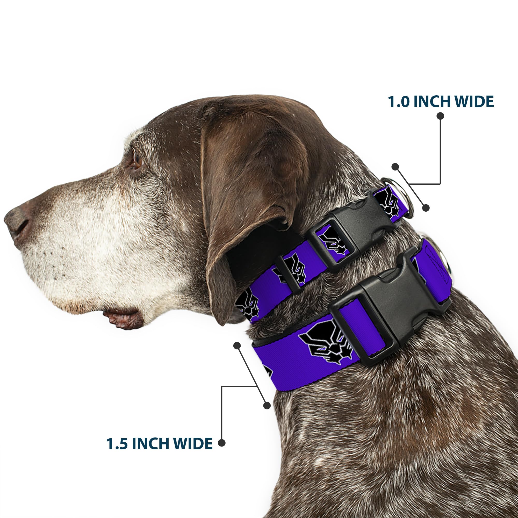Dog Collar Plastic Clip Black Panther Avengers Icon Purple White Black 15 To 26 Inches 1.0 Inch Wide