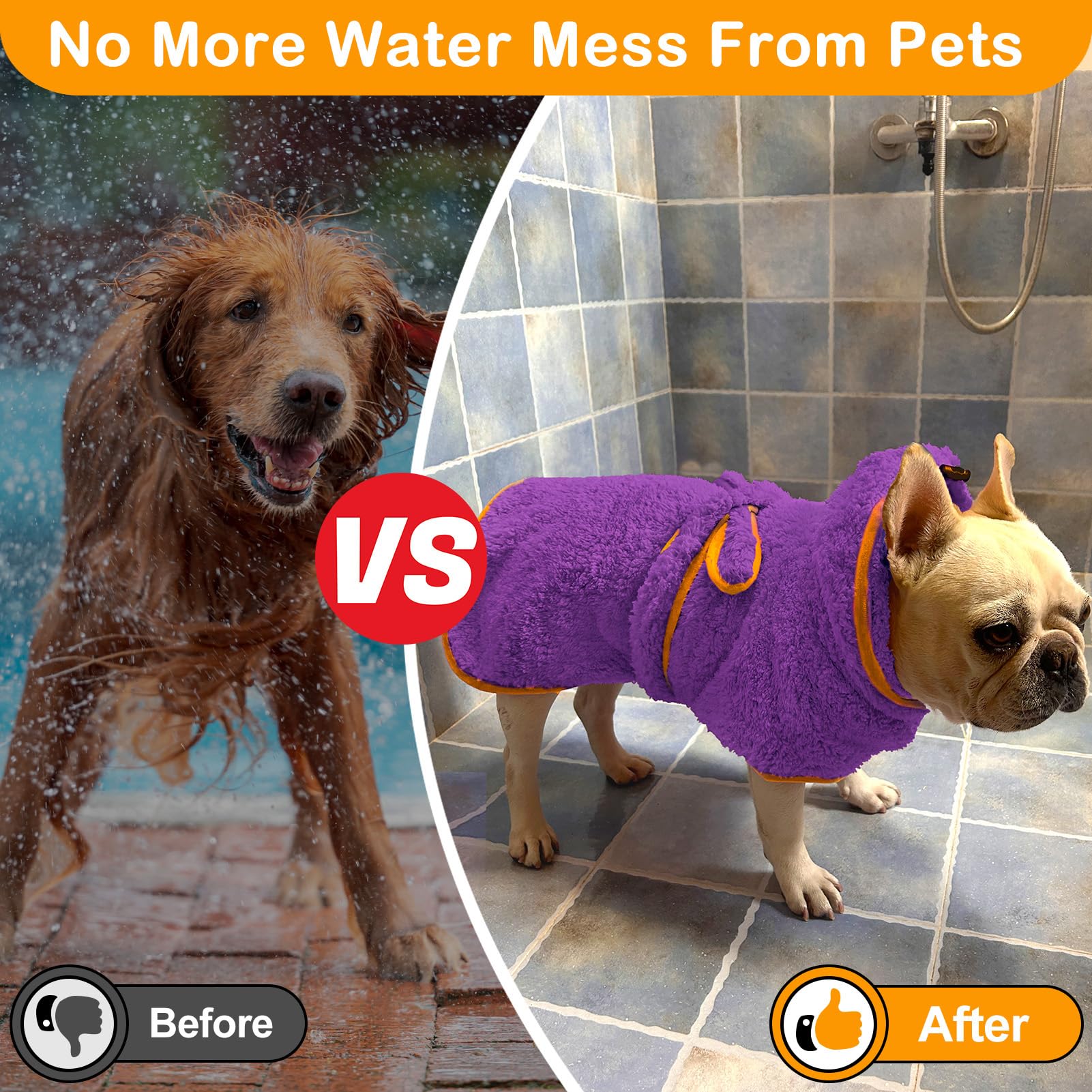Bienbee Soft Dog Bathrobe,Super Absorbent & Quick-Drying Dog Robe With Hood, Cozy Drying Coat For After Bath, Purple M