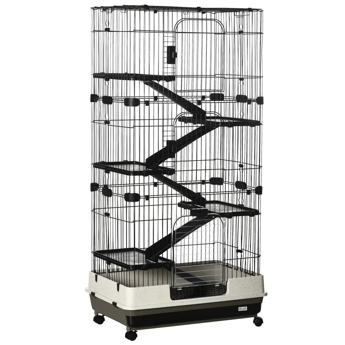 Pawhut 6-Level Small Animal Cage Rabbit Hutch With Wheels, Removable Tray, Platform And Ramp For Bunny, Chinchillas, Ferret, Black