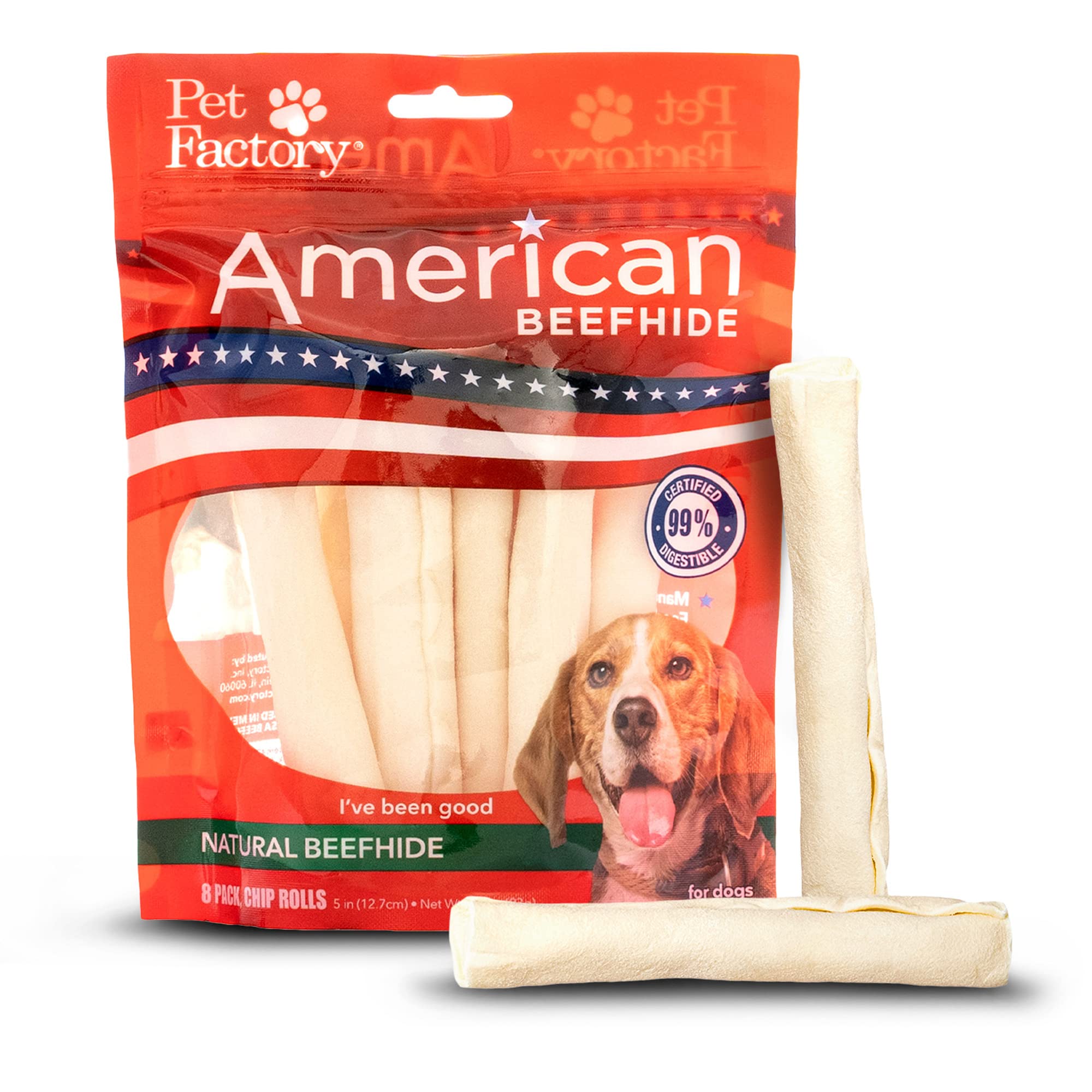 Pet Factory American Beefhide 5 Chip Rolls Dog Chew Treats - Natural Flavor, 8 Count/1 Pack