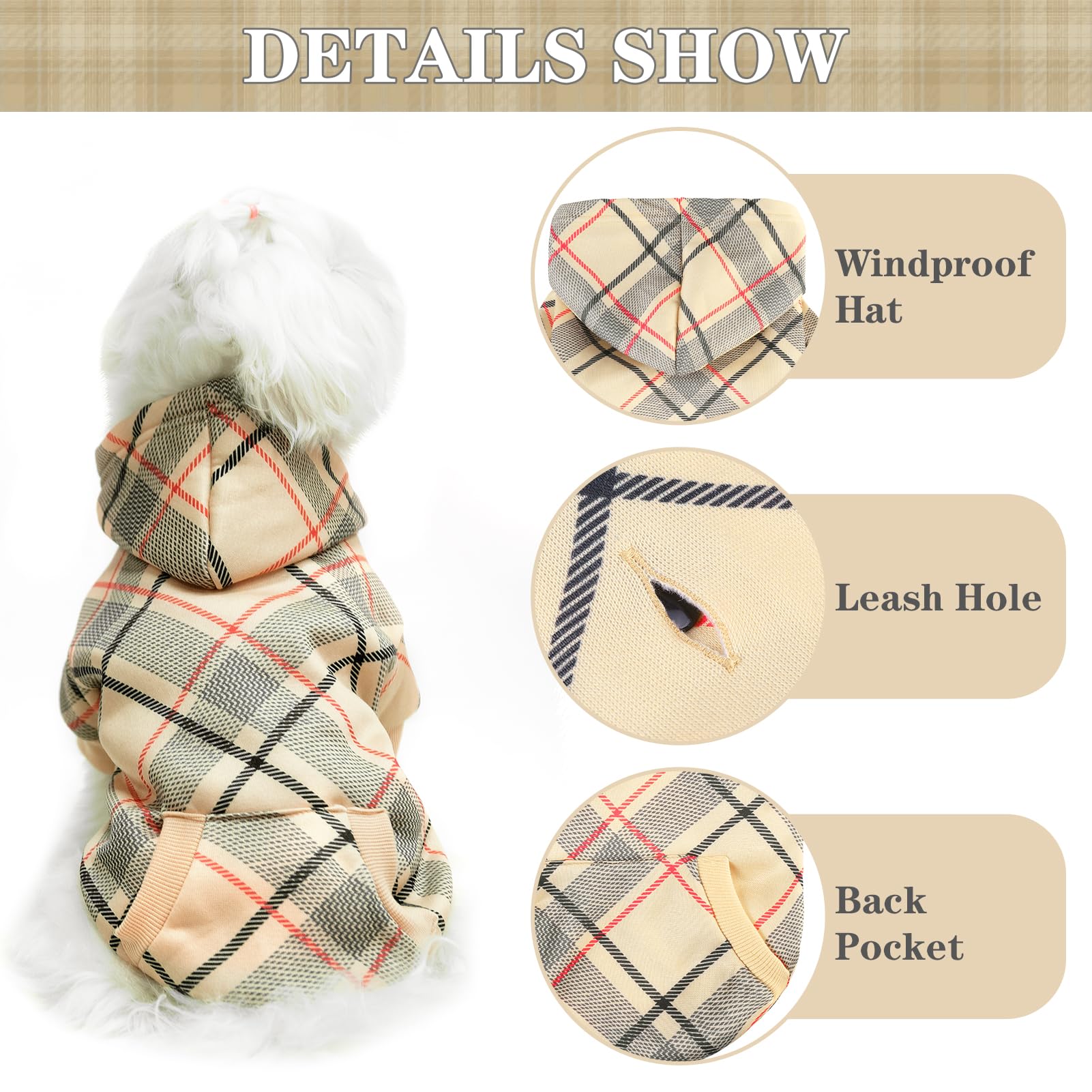 Expawlorer Plaid Dog Hoodie - Fall Dog Sweater With Leash Hole And Pocket,British Style Soft And Warm Dog Cold Weather Clothes, Sweatshirt, Outfits, Winter Coat For Small Medium Large Dogs
