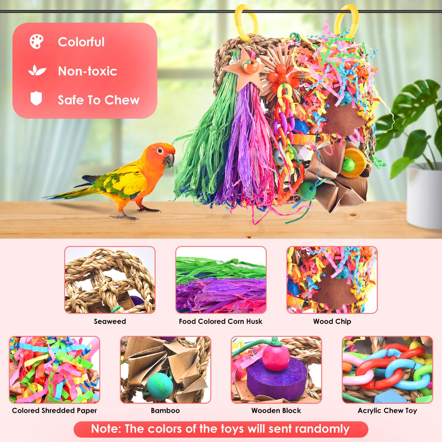 Katumo Conure Toys, Bird Grass Mat Parakeet Shredder Hanging Toy Cockatiel Foraging Entertainments Parrot Climbing Wall Chewy Lo