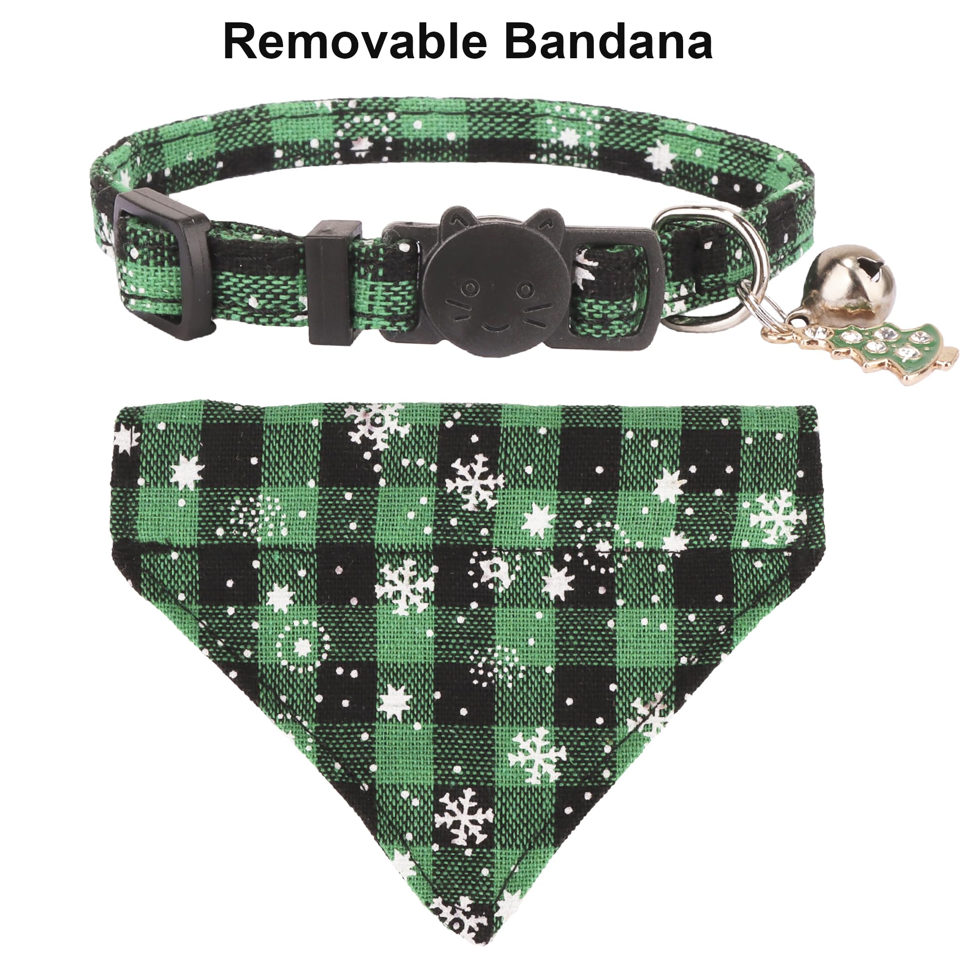 Adoggygo Christmas Cat Collars Breakaway With Bell, 2 Pack Adjustable Cat Collar With Removable Bandana, Red Green Plaid Snowflake Cat Bandana Collar For Kittens Cats (7.5'- 10.5', Scarf)