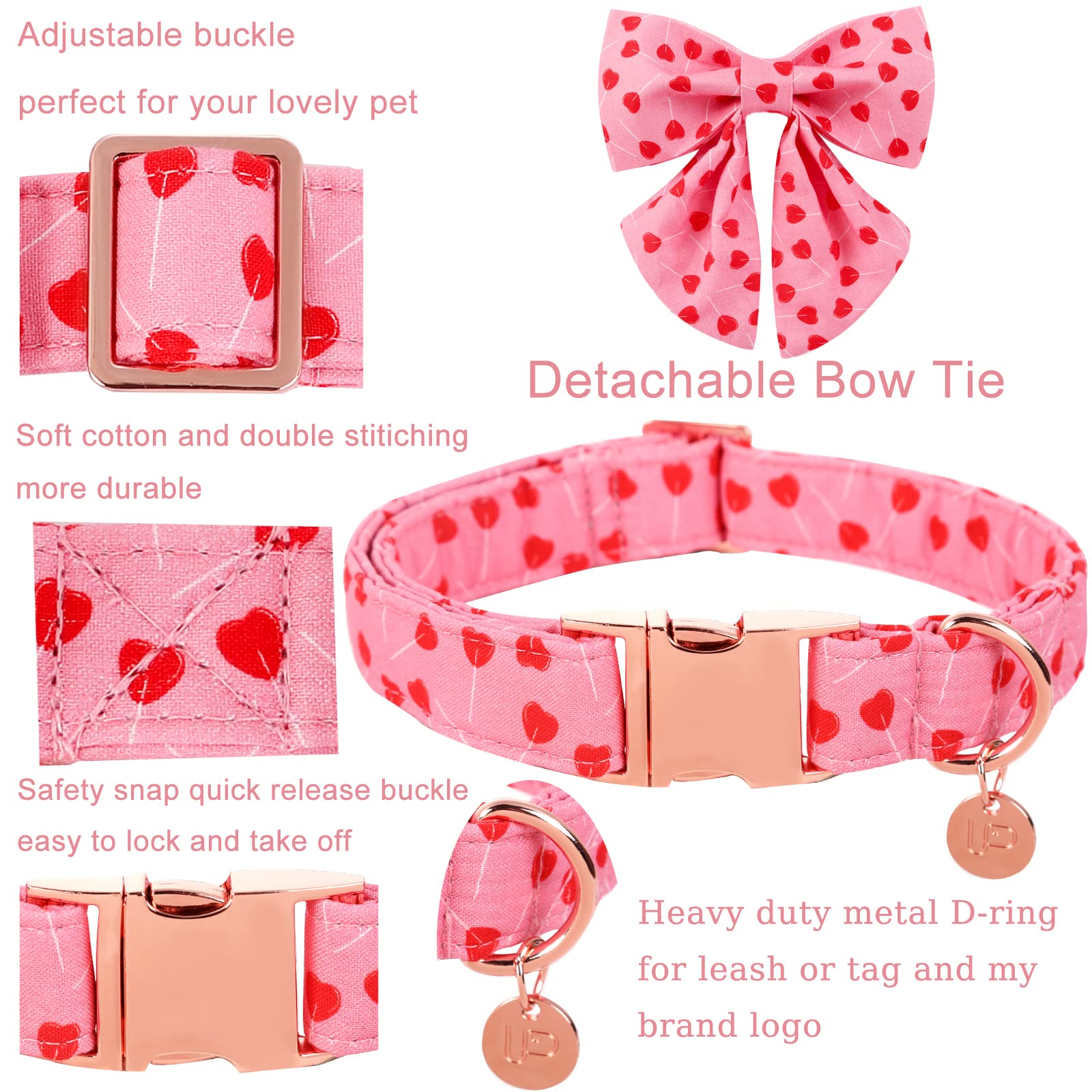 Up Urara Pup Valentine'S Day Dog Collar With Bow Tie, Cotton With Metal Buckle, Red Heart, Xs, Neck 8-12In