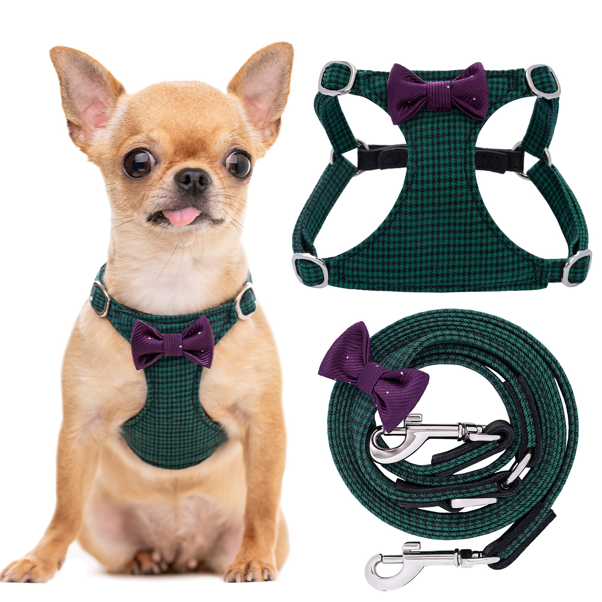Puppytie No Pull Xs Dog Harness With Multifunction Dog Leash,Soft Adjustable No Choke Escape Proof Pet Harness Vest,Plaid Green,